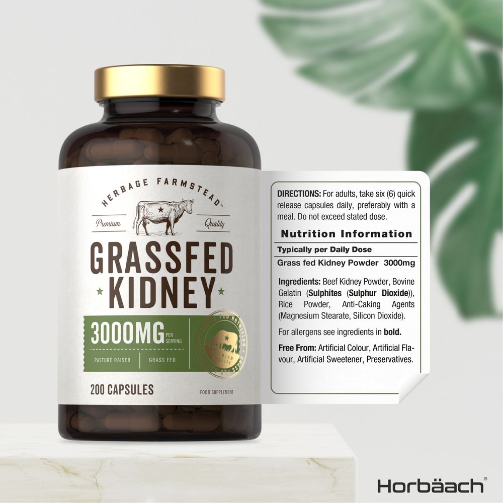 Grass Fed Beef Kidney 3000 mg | 200 Capsules