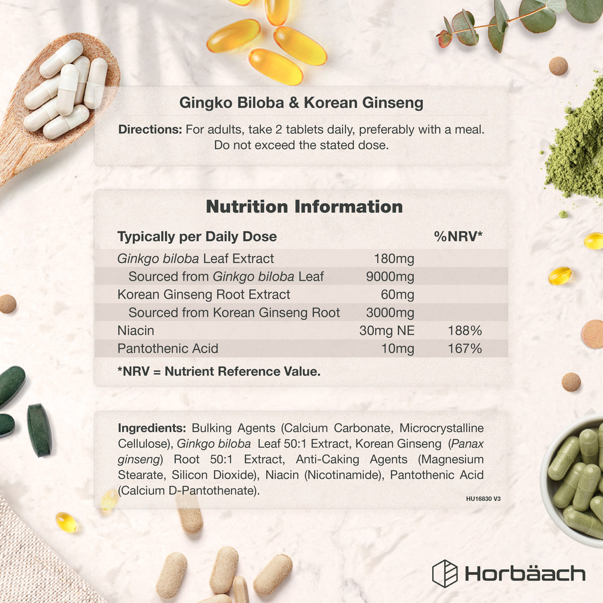 Supplement Facts panel for Ginkgo 9000mg and Ginseng 3000mg Complex 180 Vegan Tablets.
