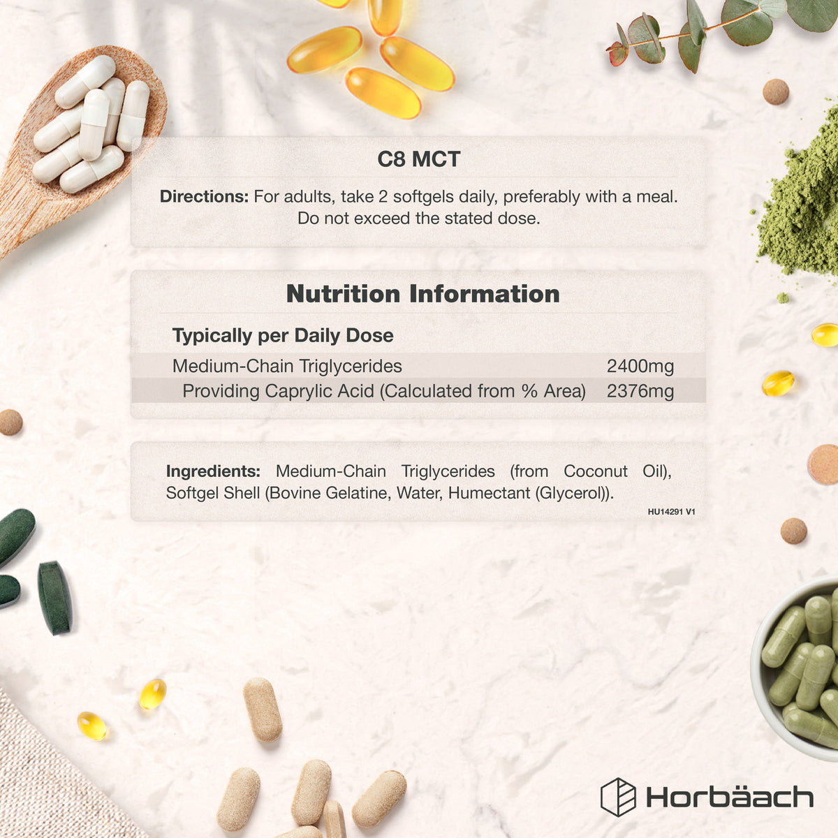 C8 MCT softgels contain 2400mg Medium-Chain Triglycerides and 2376mg Caprylic Acid. Directions and ingredients listed.