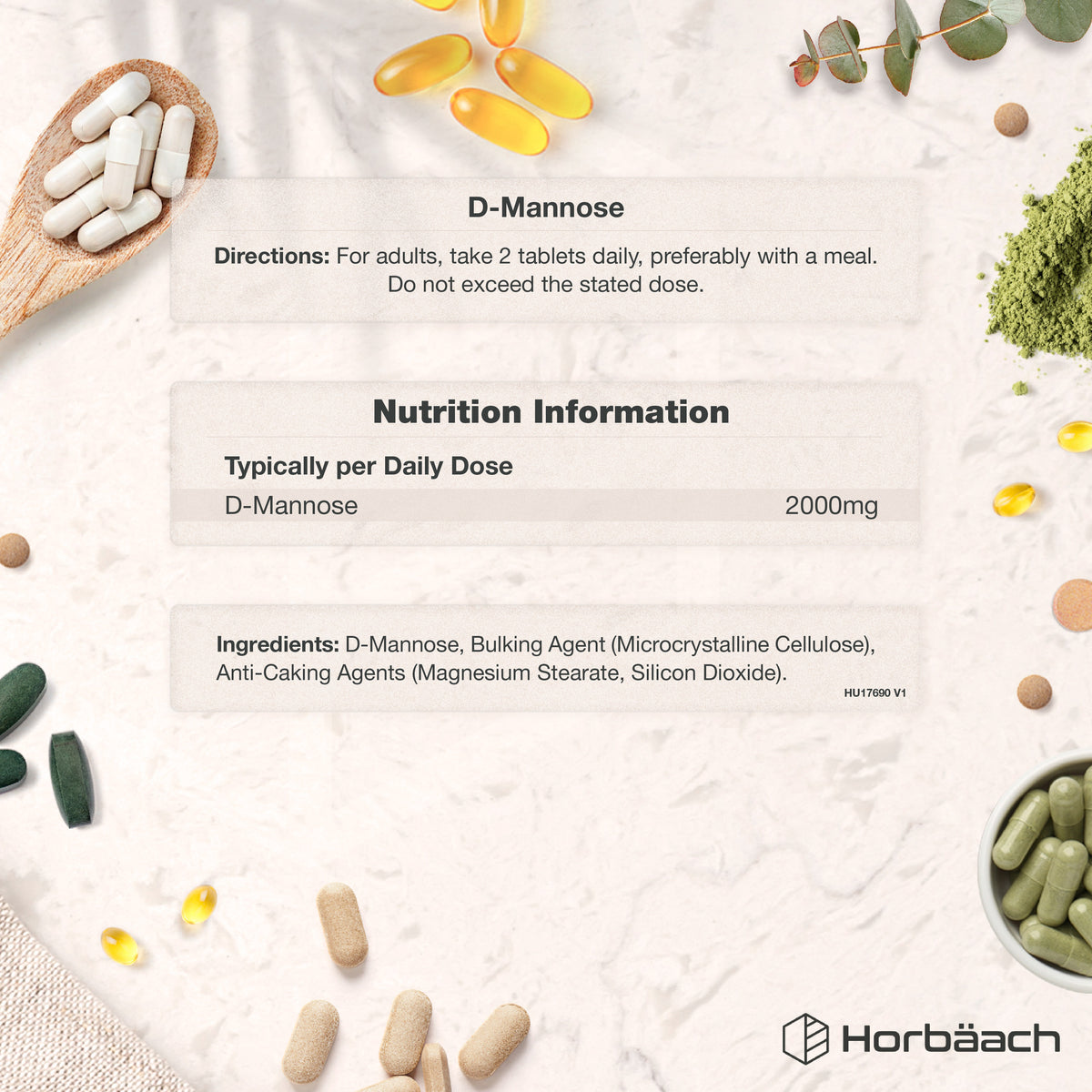 Supplement Facts panel detailing D-Mannose 2000mg in 90 vegan tablets.