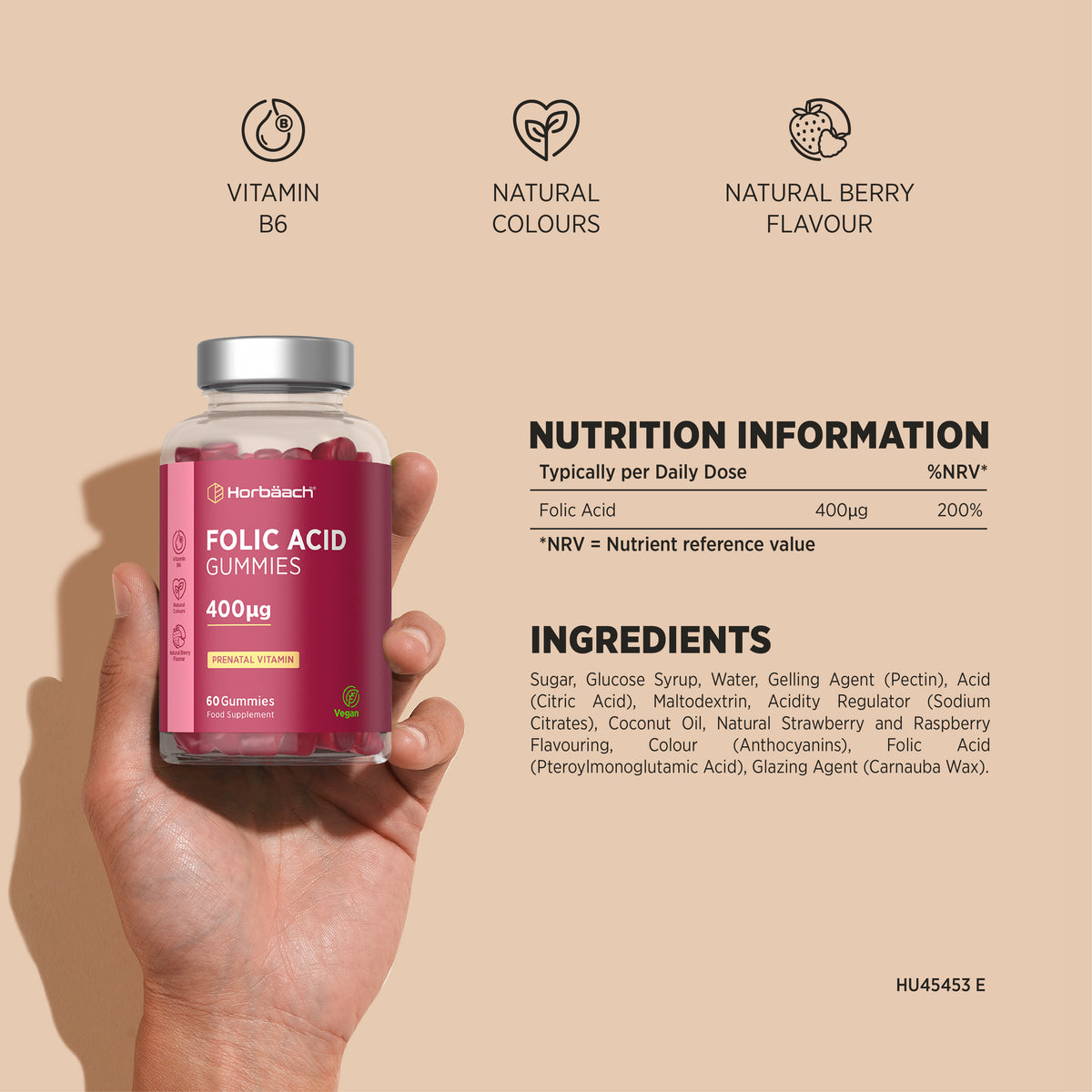 Horbäach Folic Acid Gummies with 400µg, a prenatal vitamin in a bottle of 60 vegan food supplement gummies.