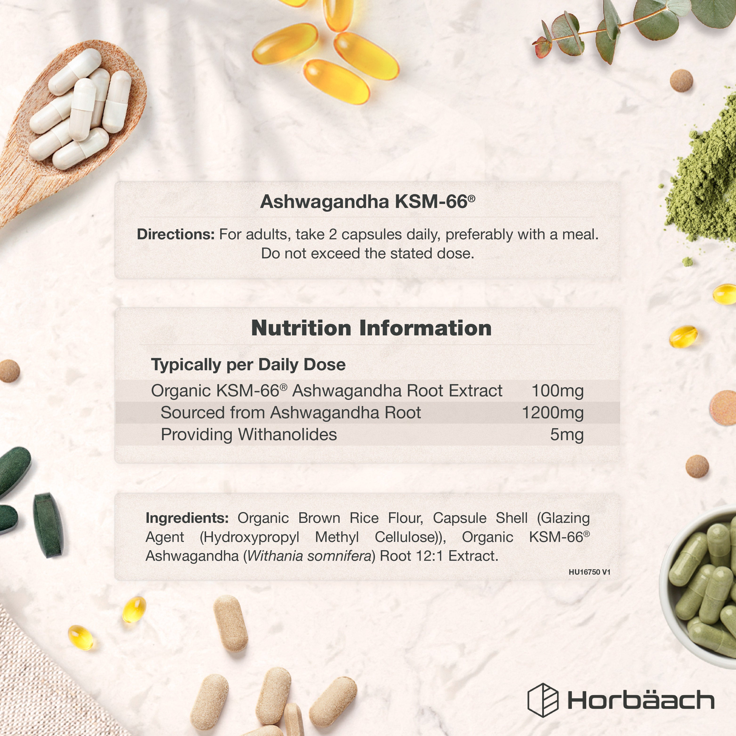 Graphic for Ashwagandha KSM-66® with directions, nutrition information including 1200mg Ashwagandha Root, and full ingredients list.