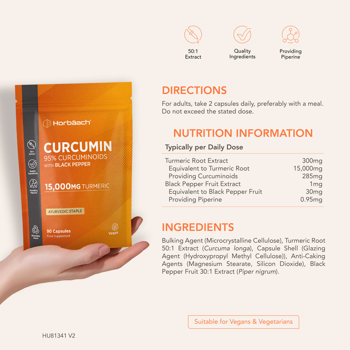 Horbäach Curcumin 95% Curcuminoids with Black Pepper, 15,000mg Turmeric, 90 Vegan Capsules, 50:1 Extract, Piperine pouch.