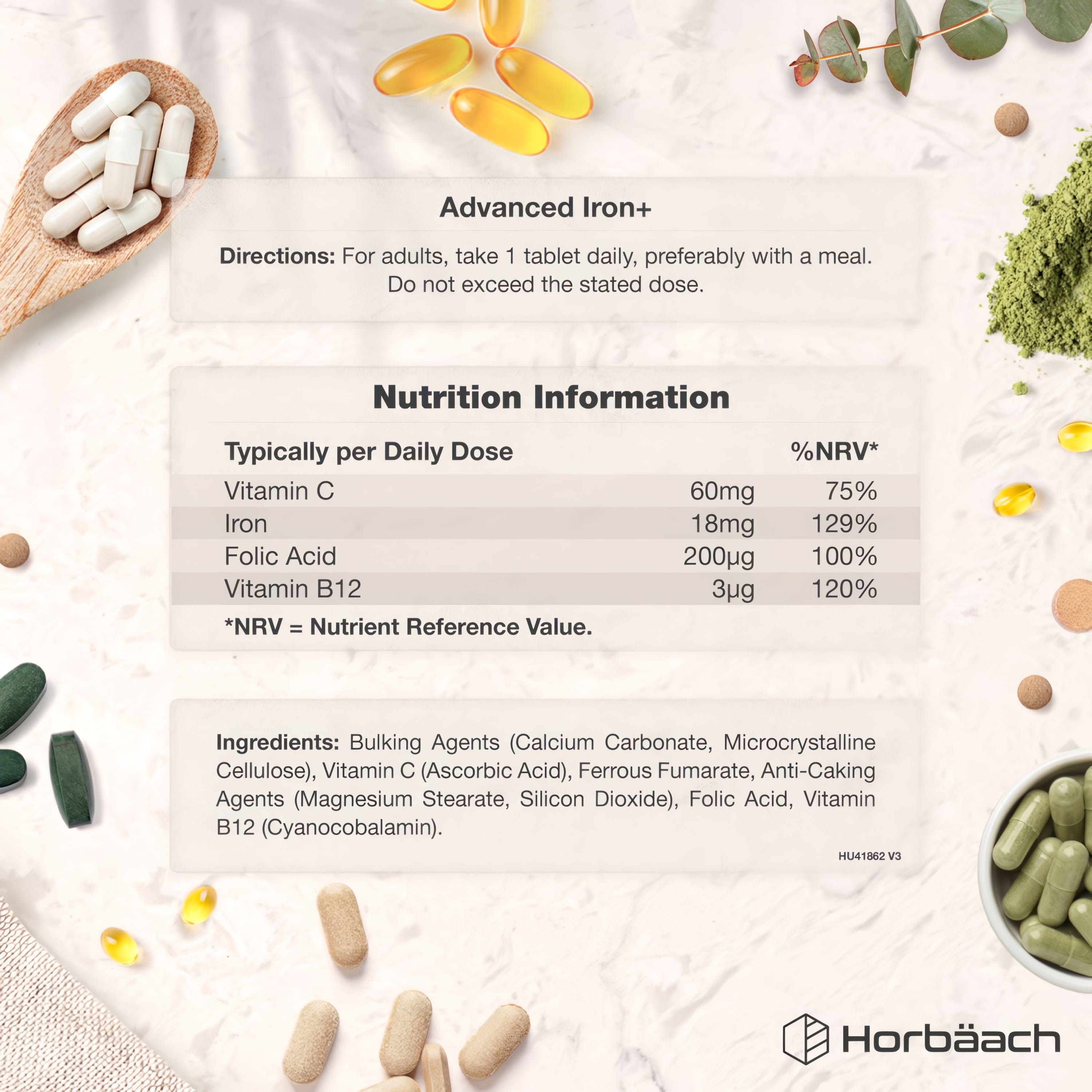 HU Iron Complex 180 Tablets Supplement Facts panel.