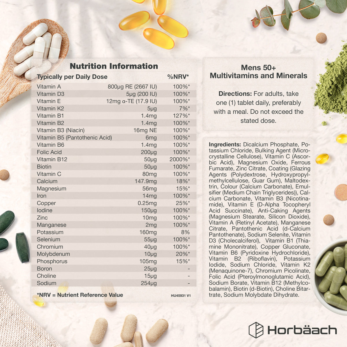 Supplement Facts for Men's Multivitamin & Mineral 50+ with 180 Vegan Tablets.