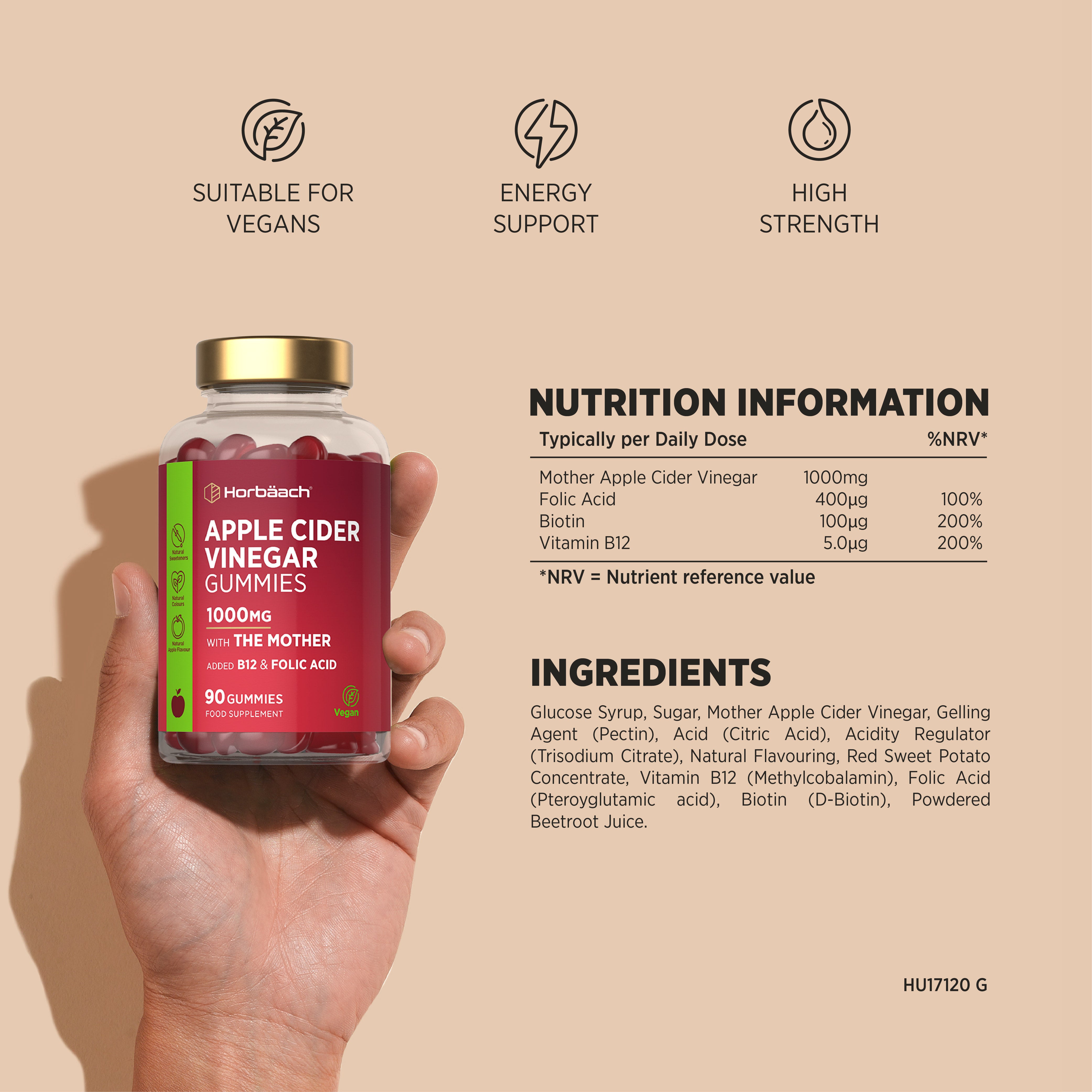 Apple Cider Vinegar 1000mg 90 Vegan Gummies bottle, with B12 & Folic Acid. Suitable for Vegans, Energy Support, High Strength.