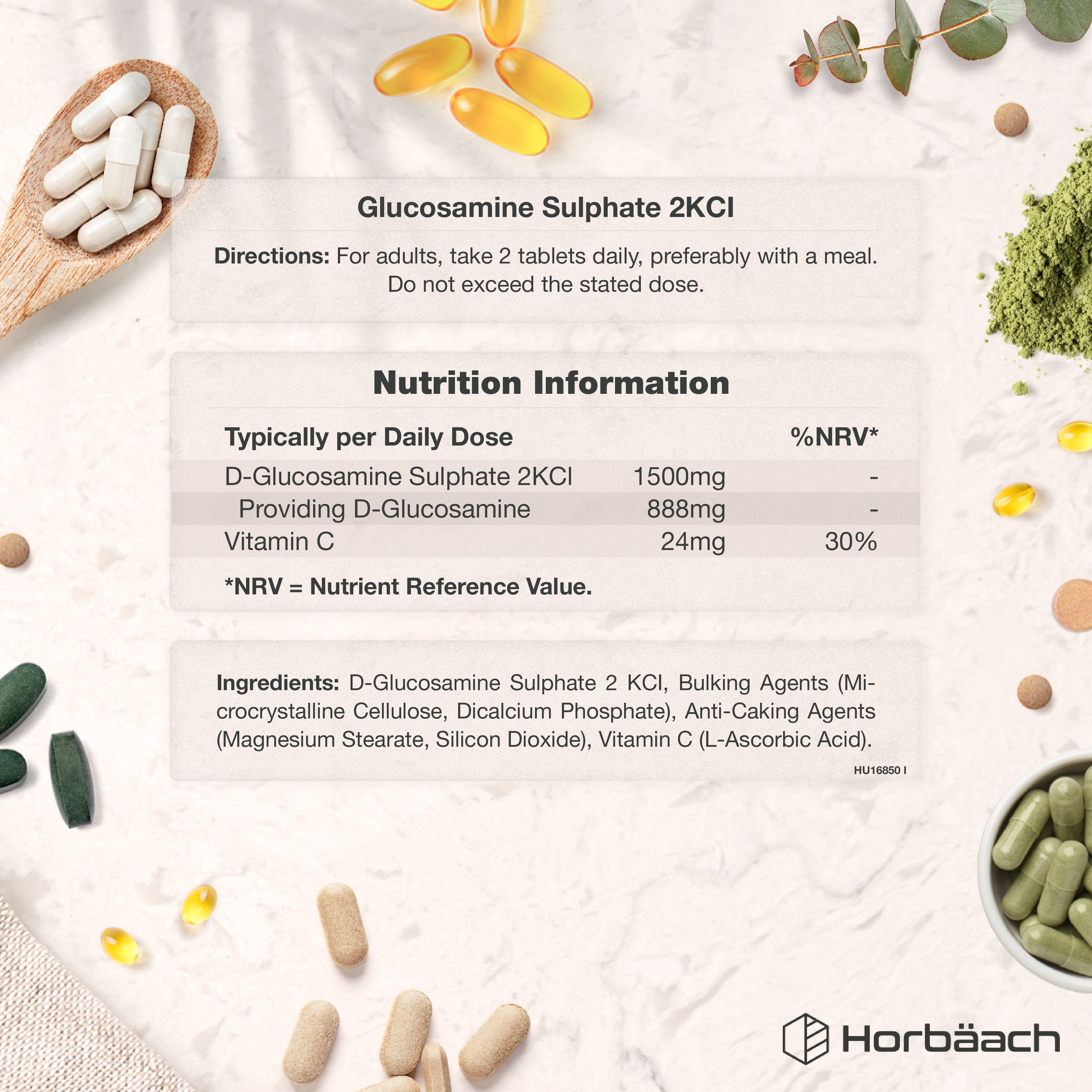Supplement Facts for HU Glucosamine Sulphate 1500mg, 360 Tablets.