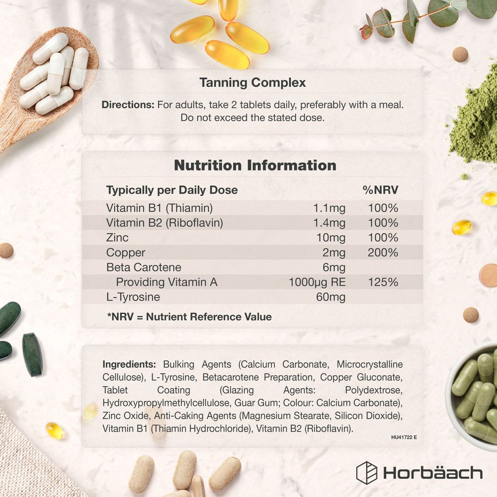 Image shows the Supplement Facts panel for HU Tanning 120 Vegan Tablets.