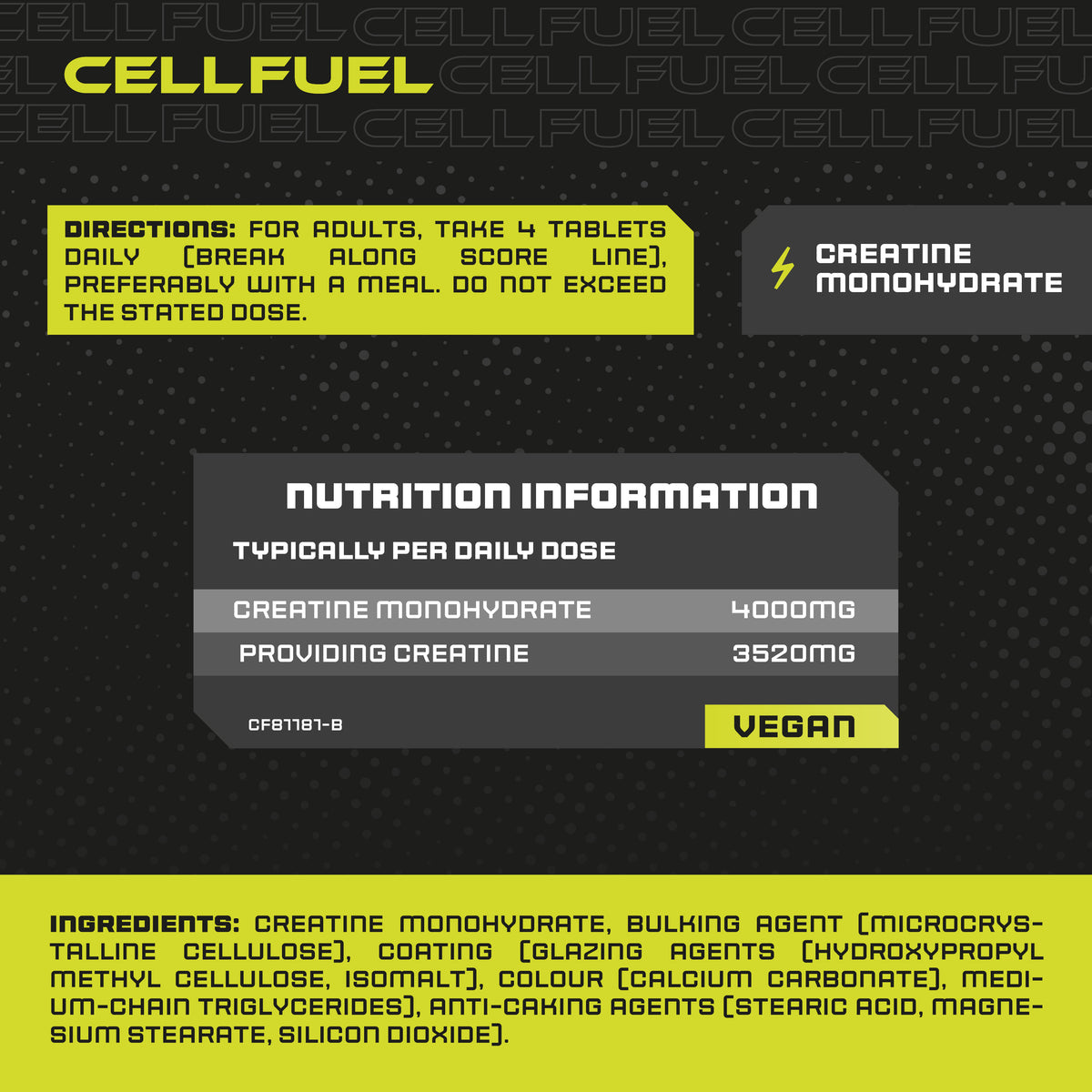 Supplement Facts panel for Creatine Monohydrate 4000mg in 365 vegan tablets.