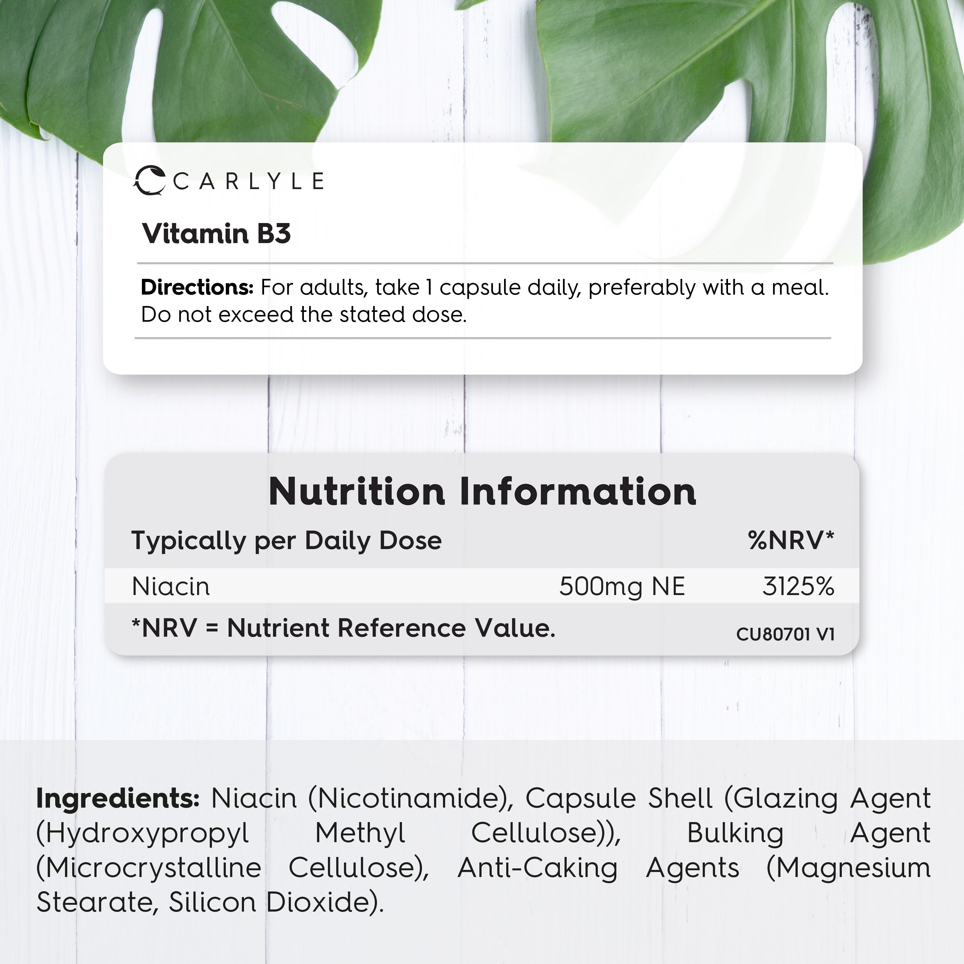 Vitamin B3 500mg capsules info: Niacin 500mg NE, 3125% NRV, plus directions and ingredients listed.
