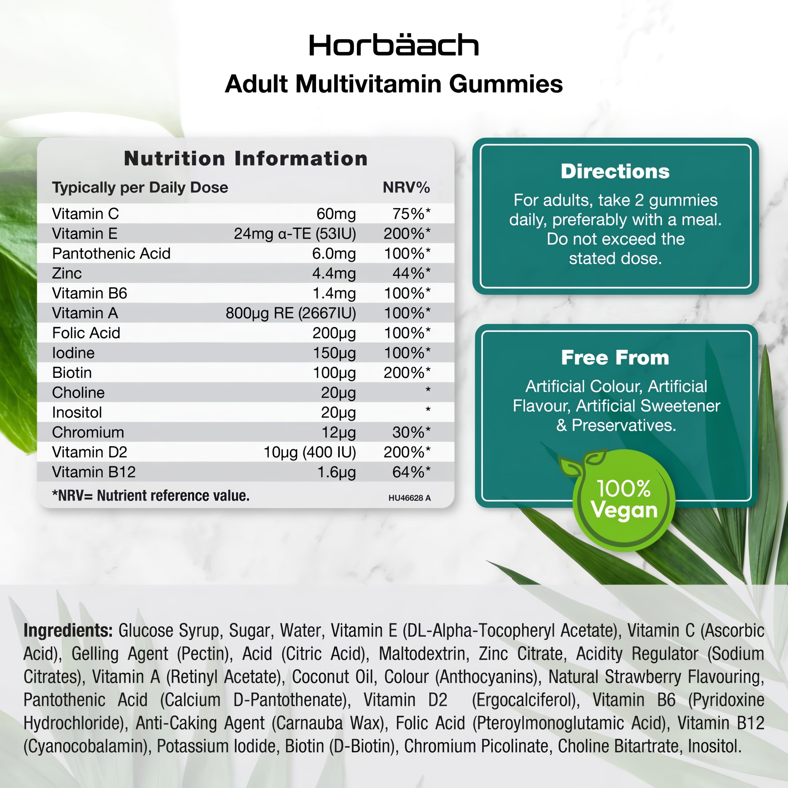 Supplement Facts panel for Adult Multivitamin, featuring 120 Vegan Gummies.