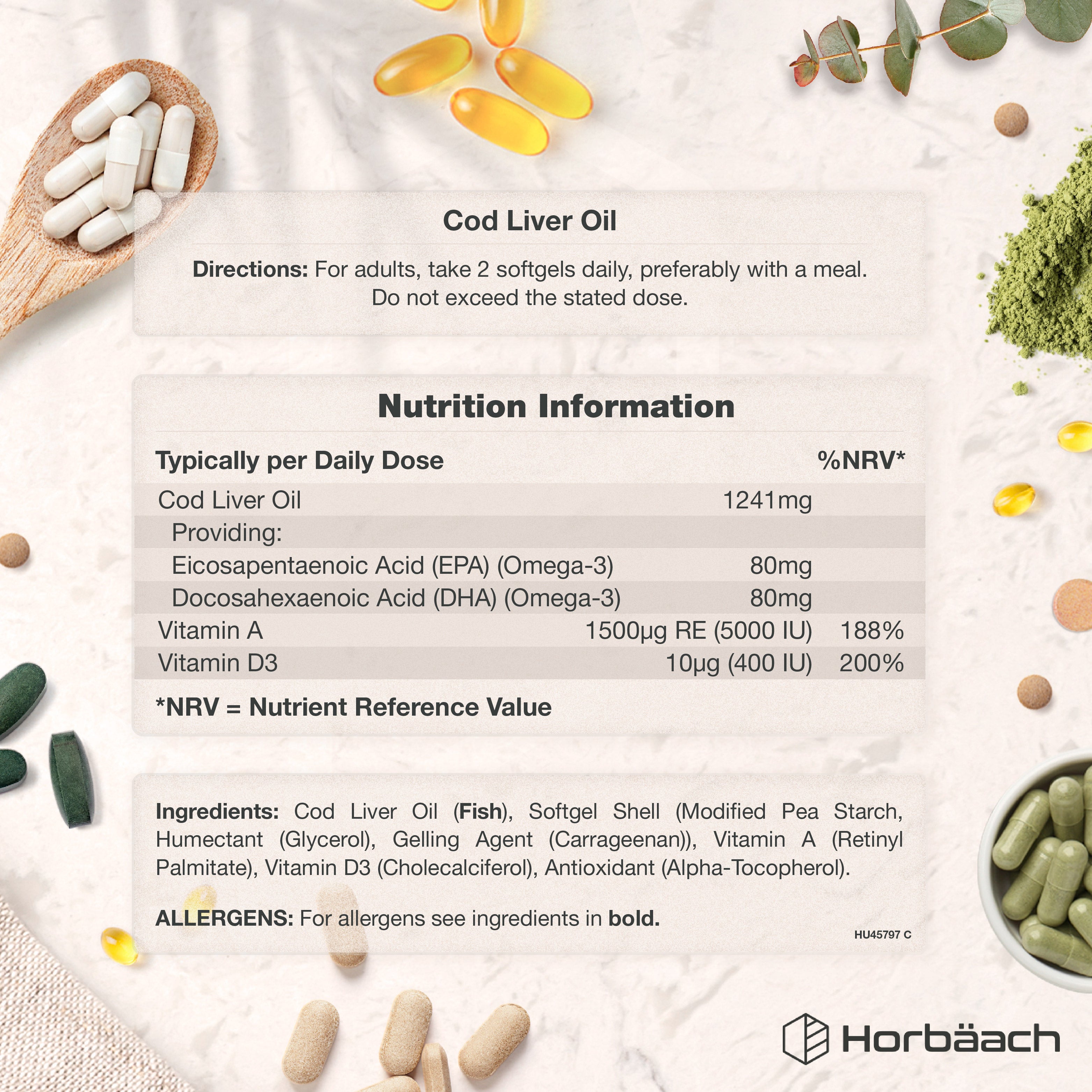 Cod Liver Oil 1241mg Softgels with full nutrition information, directions, and ingredient list including EPA, DHA, Vitamin A, D3.