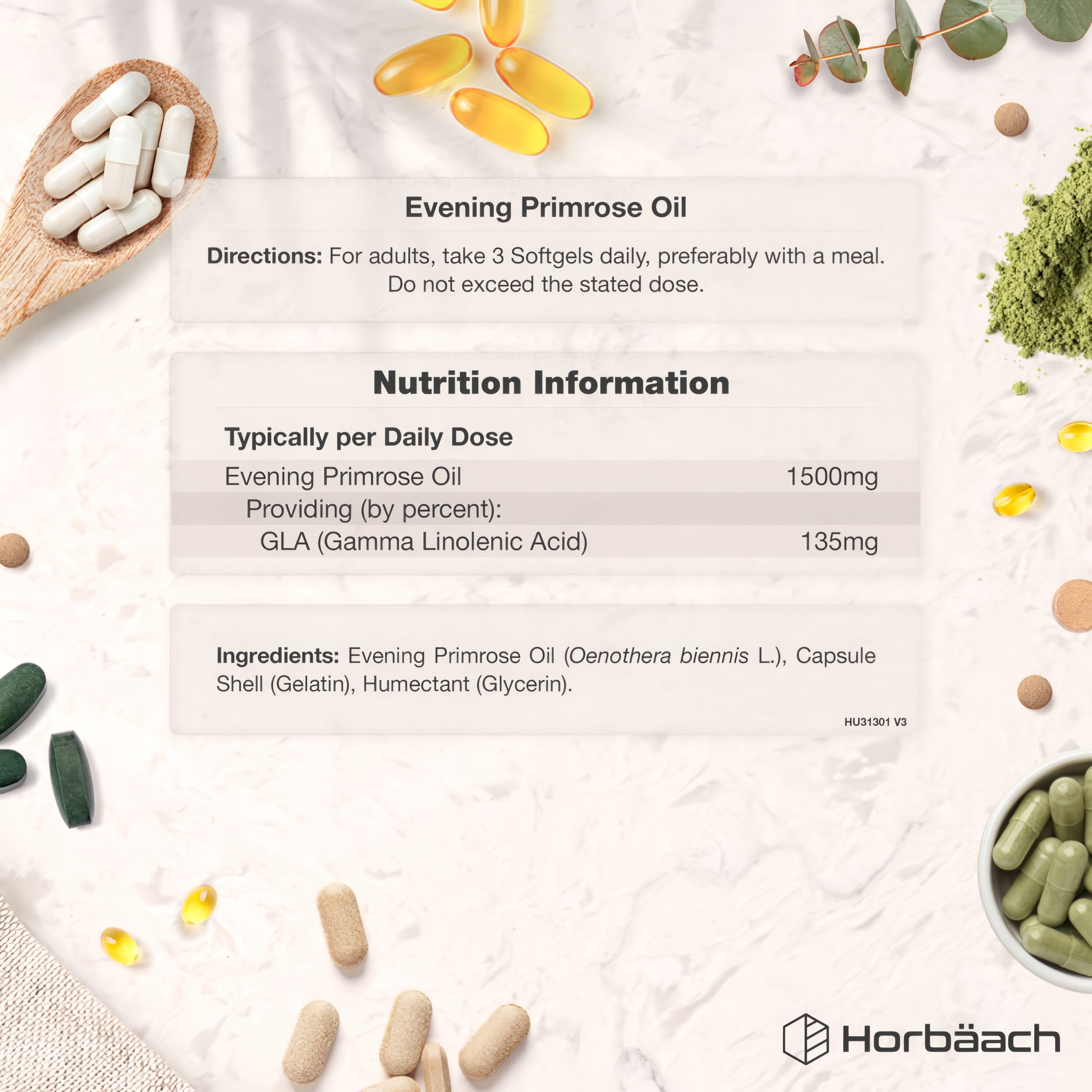 Evening Primrose Oil: Take 3 softgels daily. Total 1500mg, 135mg GLA. Ingredients detailed on the package.