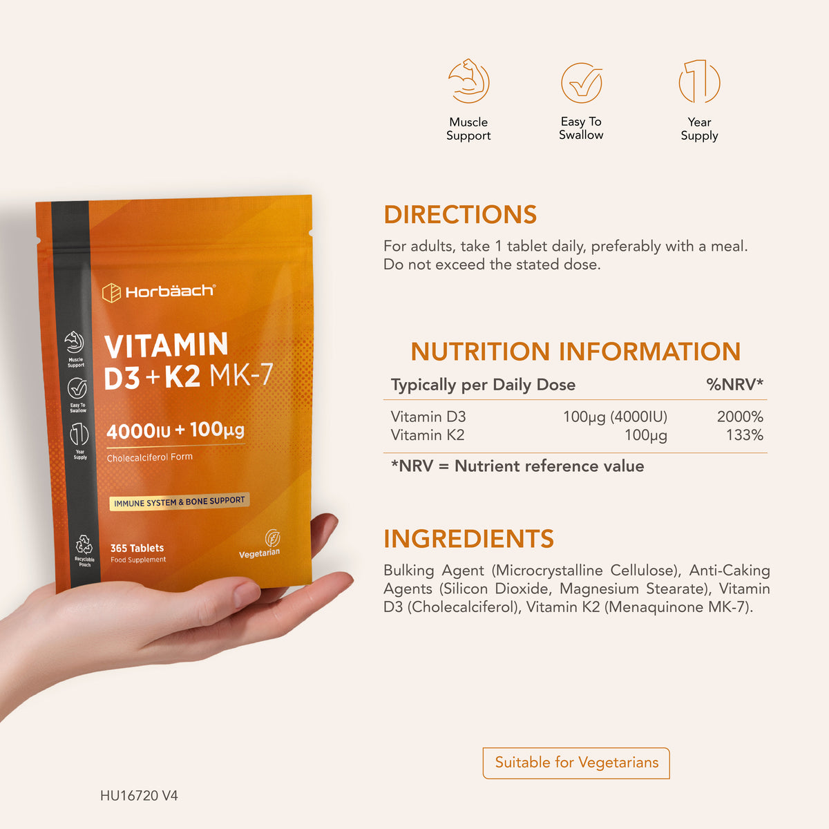 Vitamin D3 4000 IU & K2 MK7 100 µg | 365 Tablets