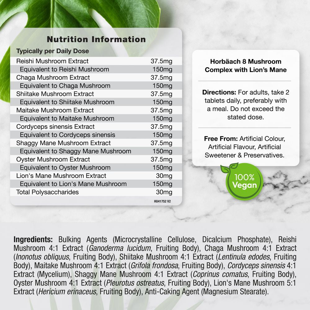 Hand holding a Nutrition Information panel for HU Mushroom Complex 120 Vegan Tablets.