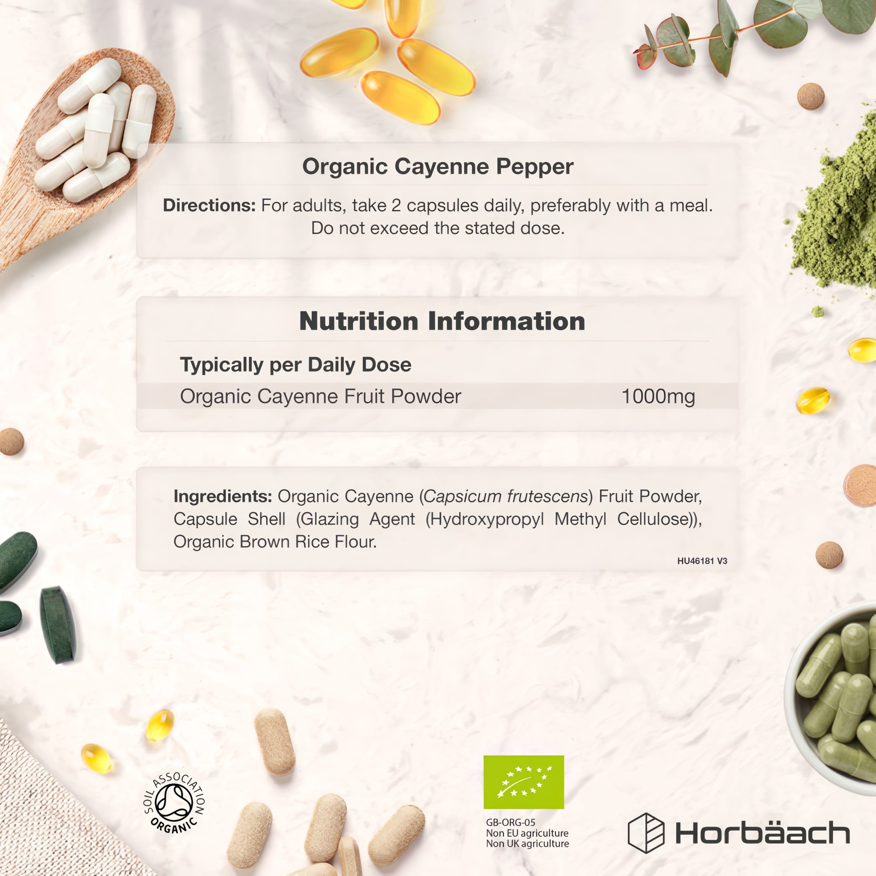 Supplement Facts panel for Organic Cayenne Pepper 1000mg with 90 vegan capsules displayed on a label.