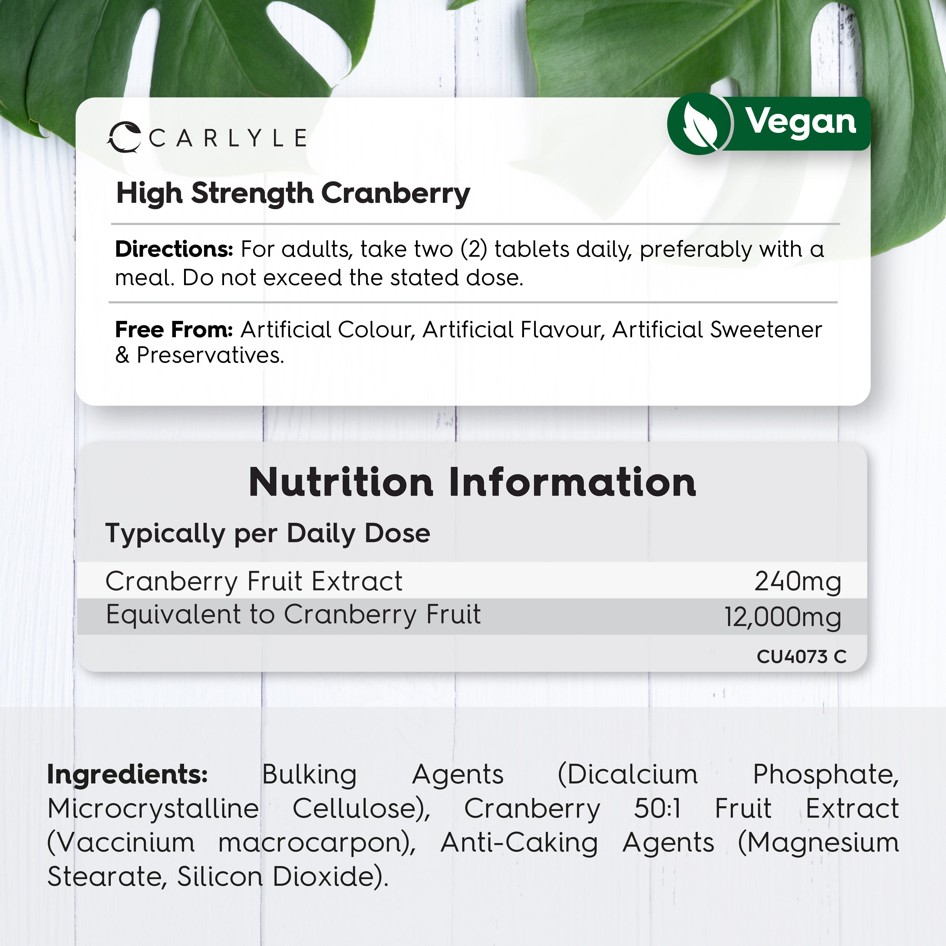CU Cranberry 12,000mg 120 Vegan Tablets label with directions, 'free from' statement, nutrition, and ingredients.