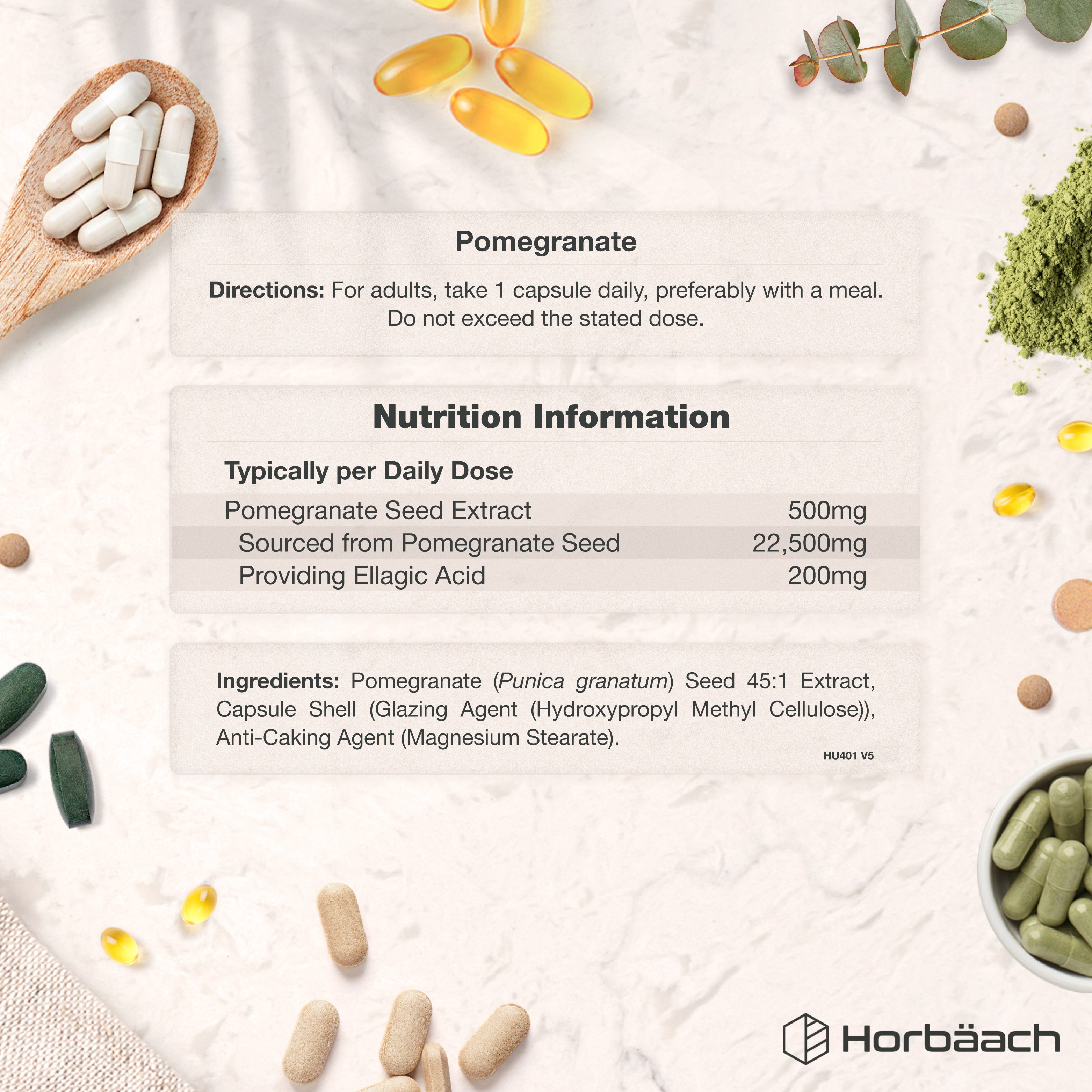 Pomegranate Extract capsules with 500mg, offering 200mg Ellagic Acid, including product directions and nutrition info.