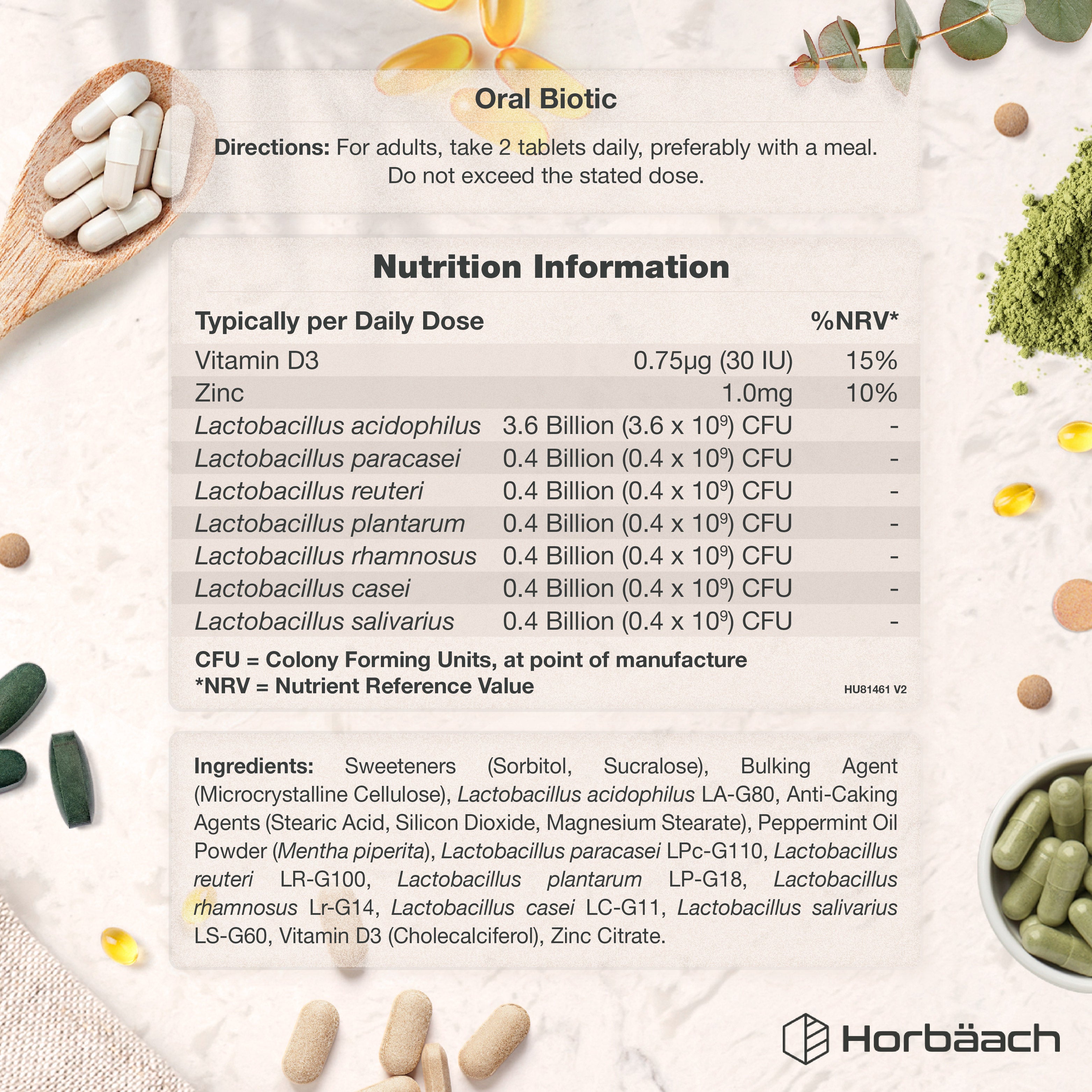 HU Oral Probiotic 6 Billion CFU 60 Vegan Chewable Tablets, displaying directions, nutritional information, and ingredients.