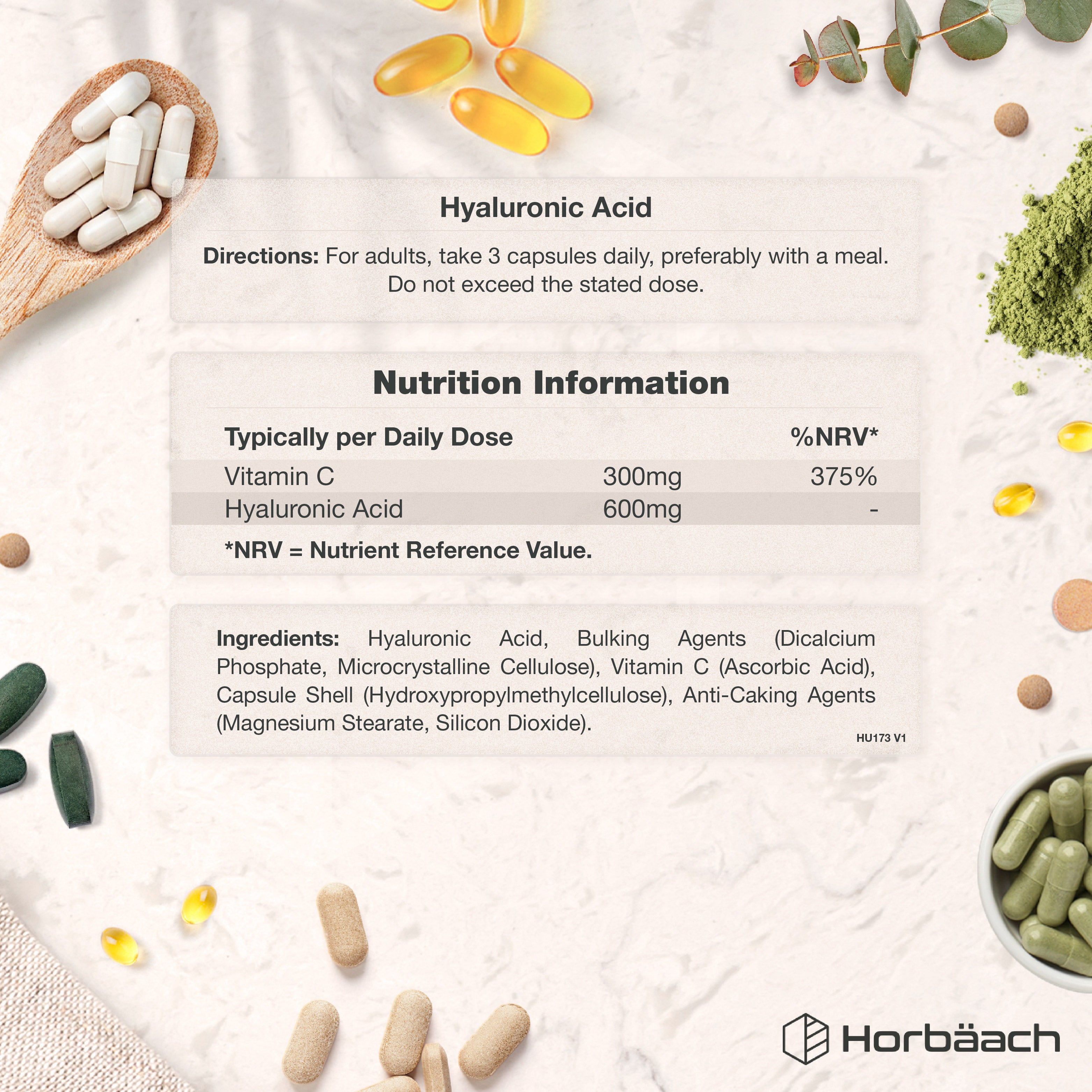 Label of Horbäach Hyaluronic Acid with directions, 600mg dose, nutrition facts, ingredients, and white vegan capsules.