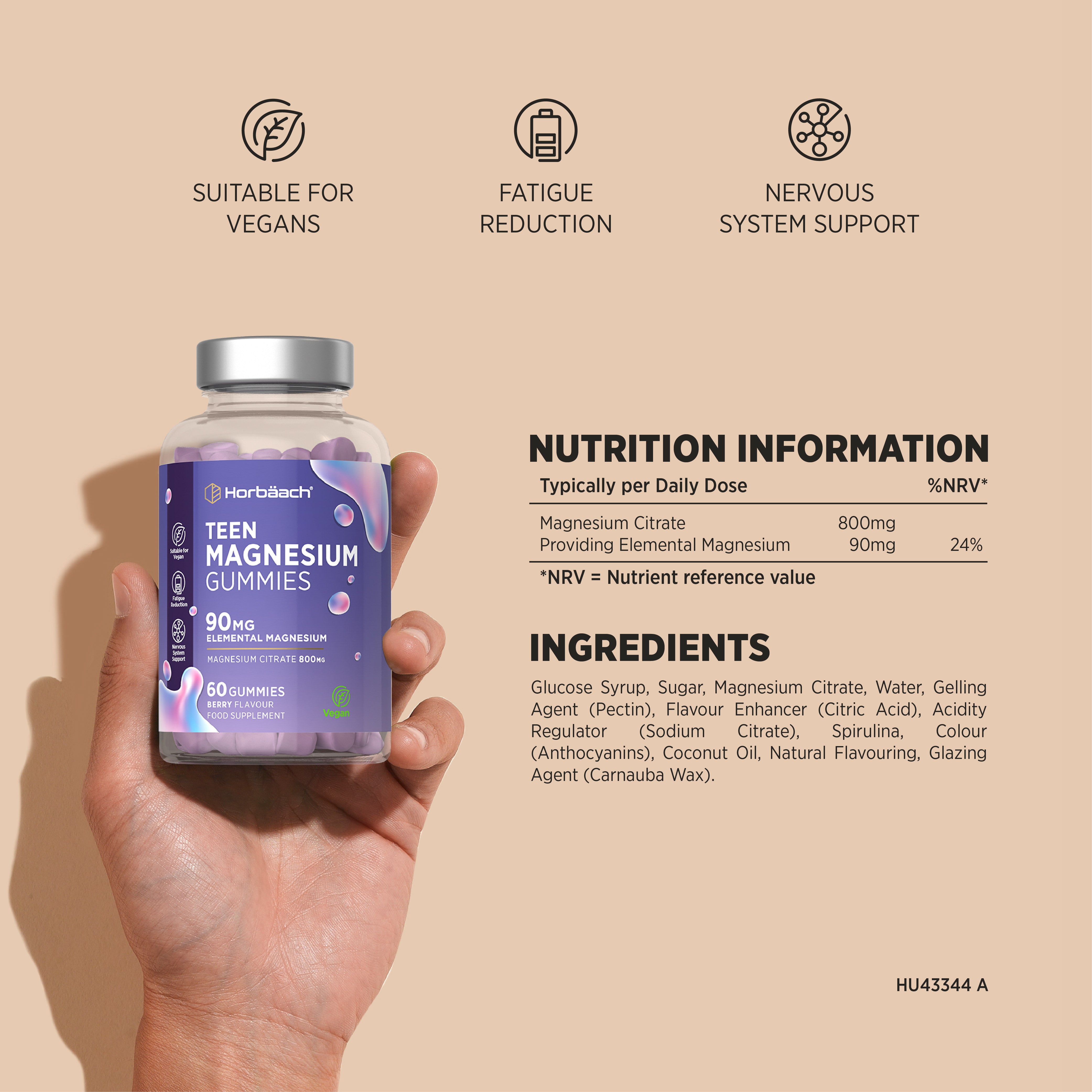 Horbäach HU Magnesium Gummies for Teens with 90mg magnesium per gummy, vegan, berry flavor, 60 count.