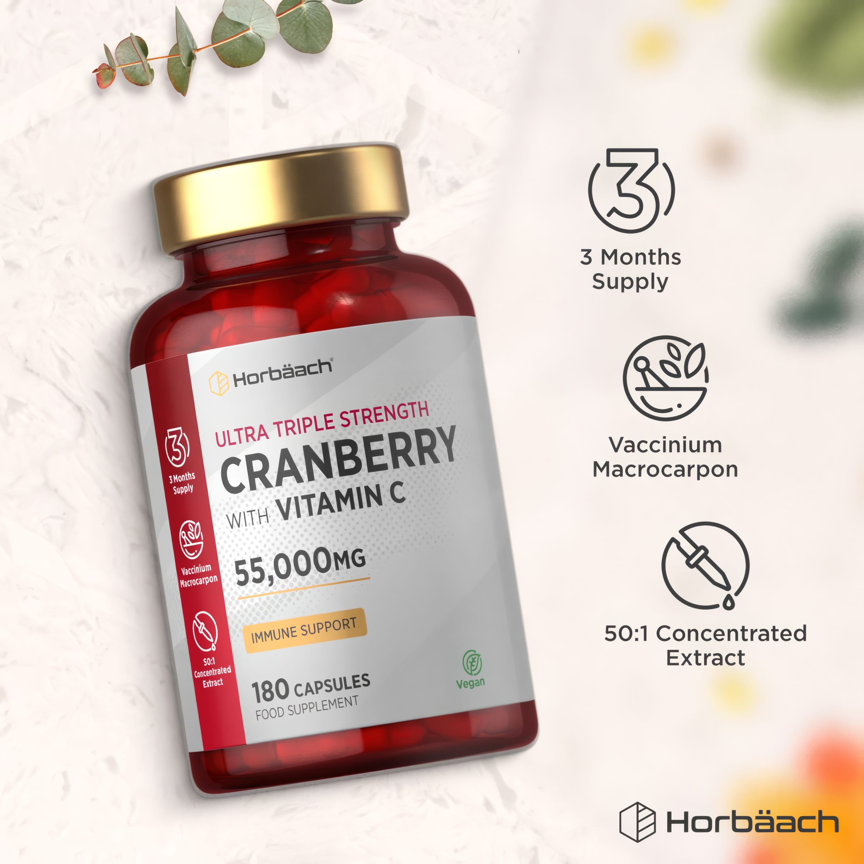 Cranberry Extract 55,000mg with Vitamin C. 180 vegan capsules, 3 months supply, immune support, 50:1 concentrated.