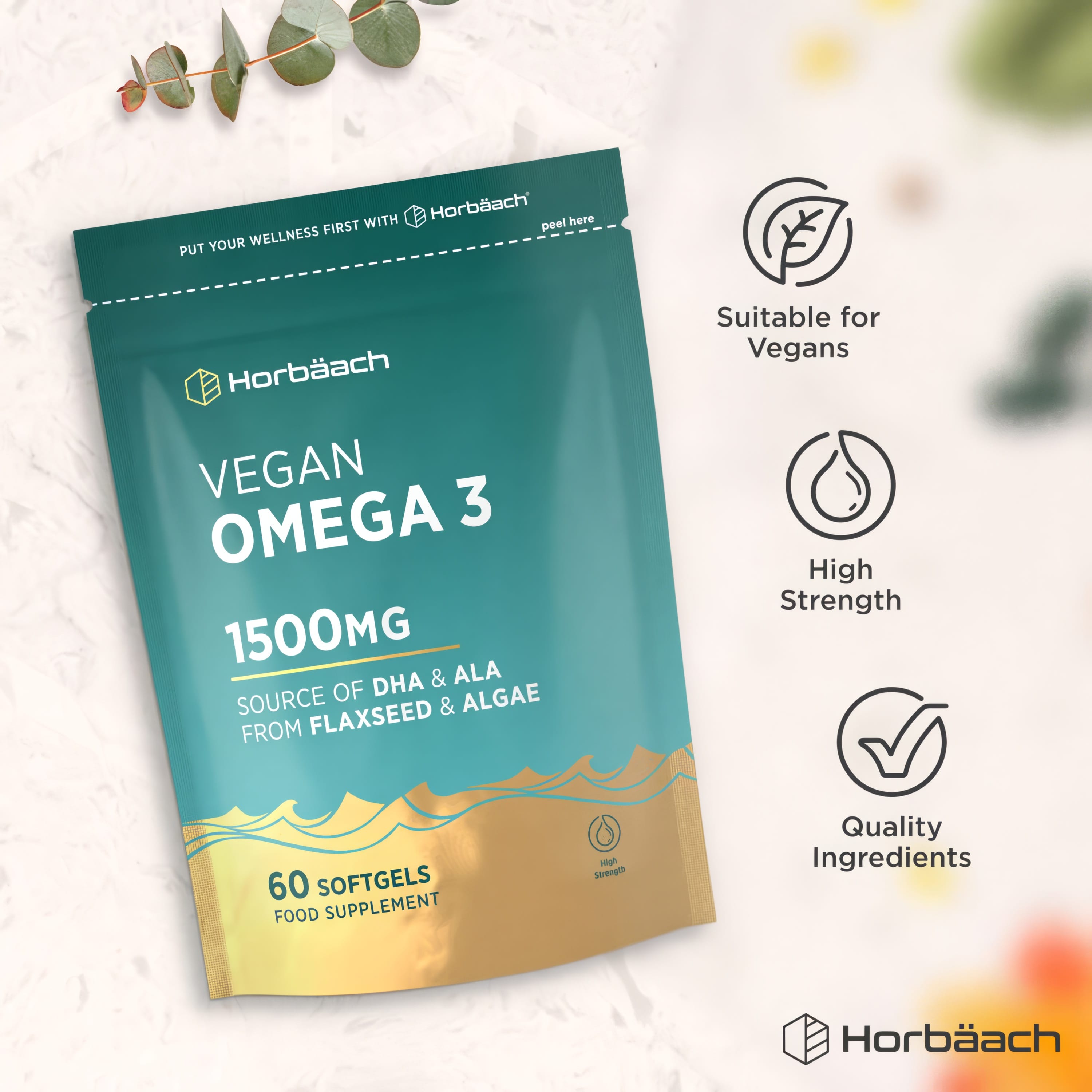 Vegan Omega 3 1500mg supplement with 60 softgels. Source of DHA and ALA from flaxseed and algae. High strength.