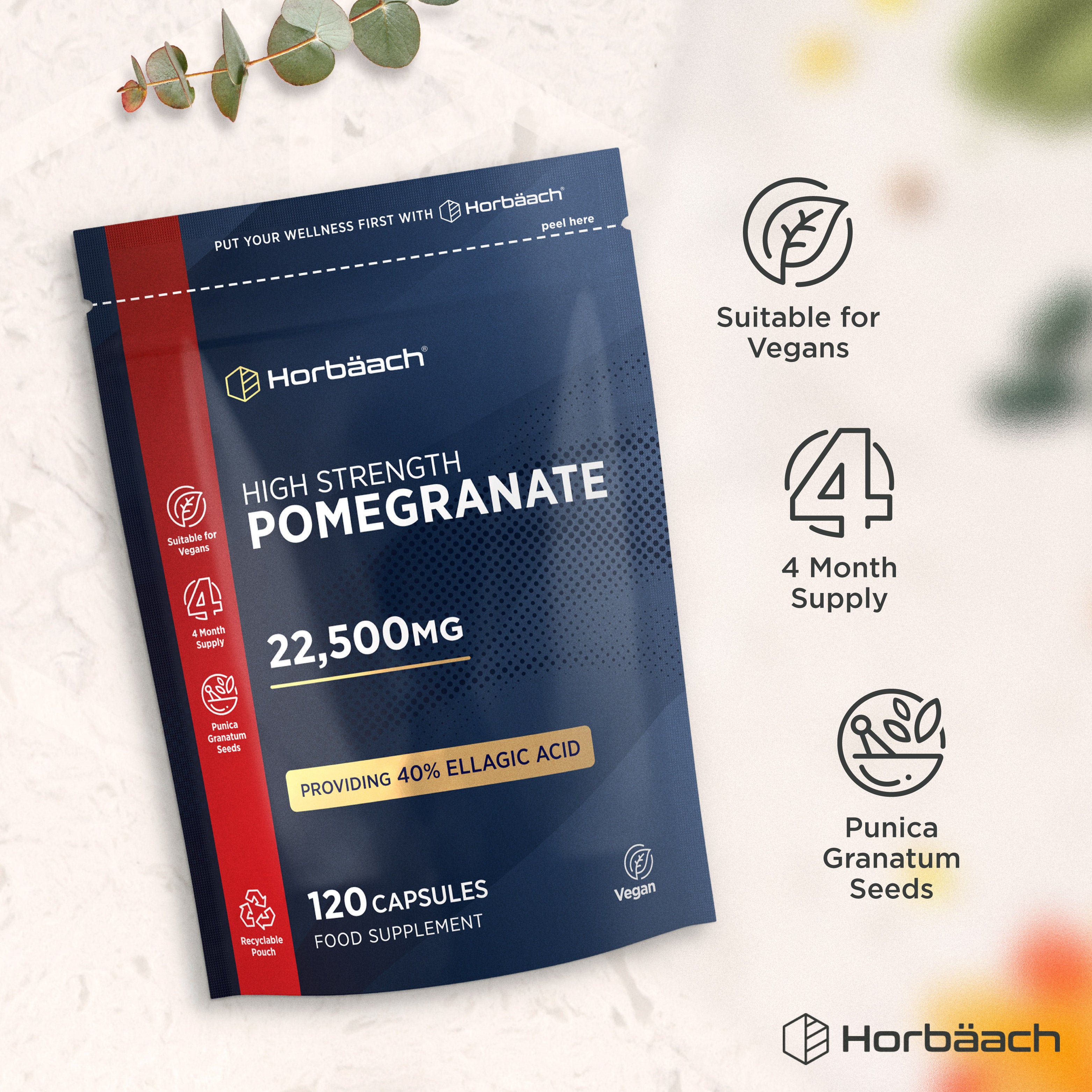 High Strength Pomegranate 22,500mg supplement with 40% Ellagic Acid, 120 capsules in a recyclable pouch.