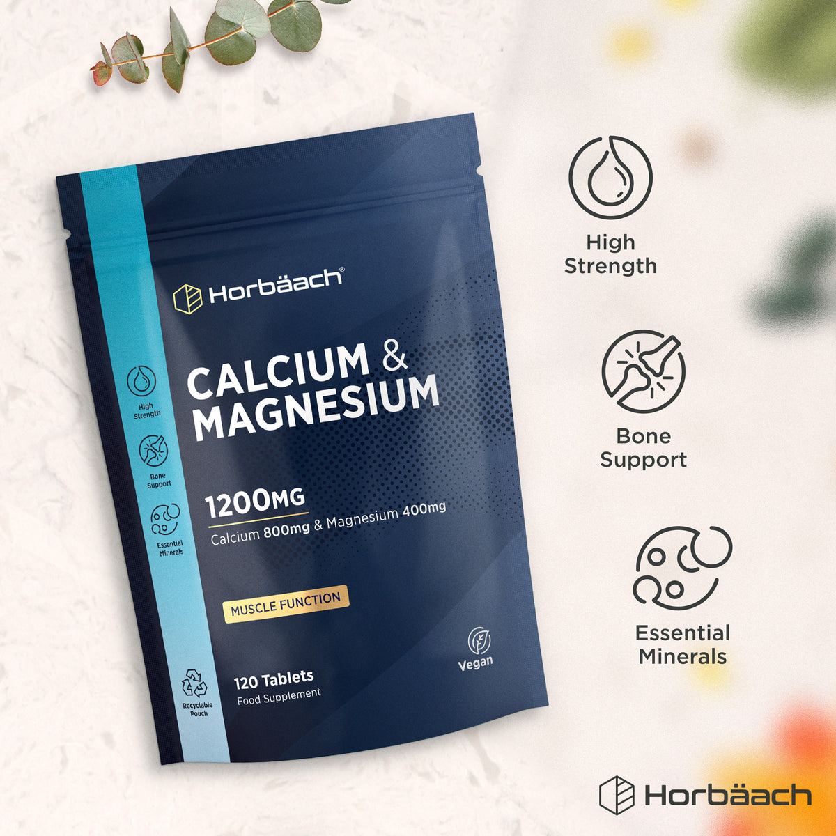 Horbäach Calcium & Magnesium 1200mg 120 Vegan Tablets pouch. High strength, supports bones and muscle function.