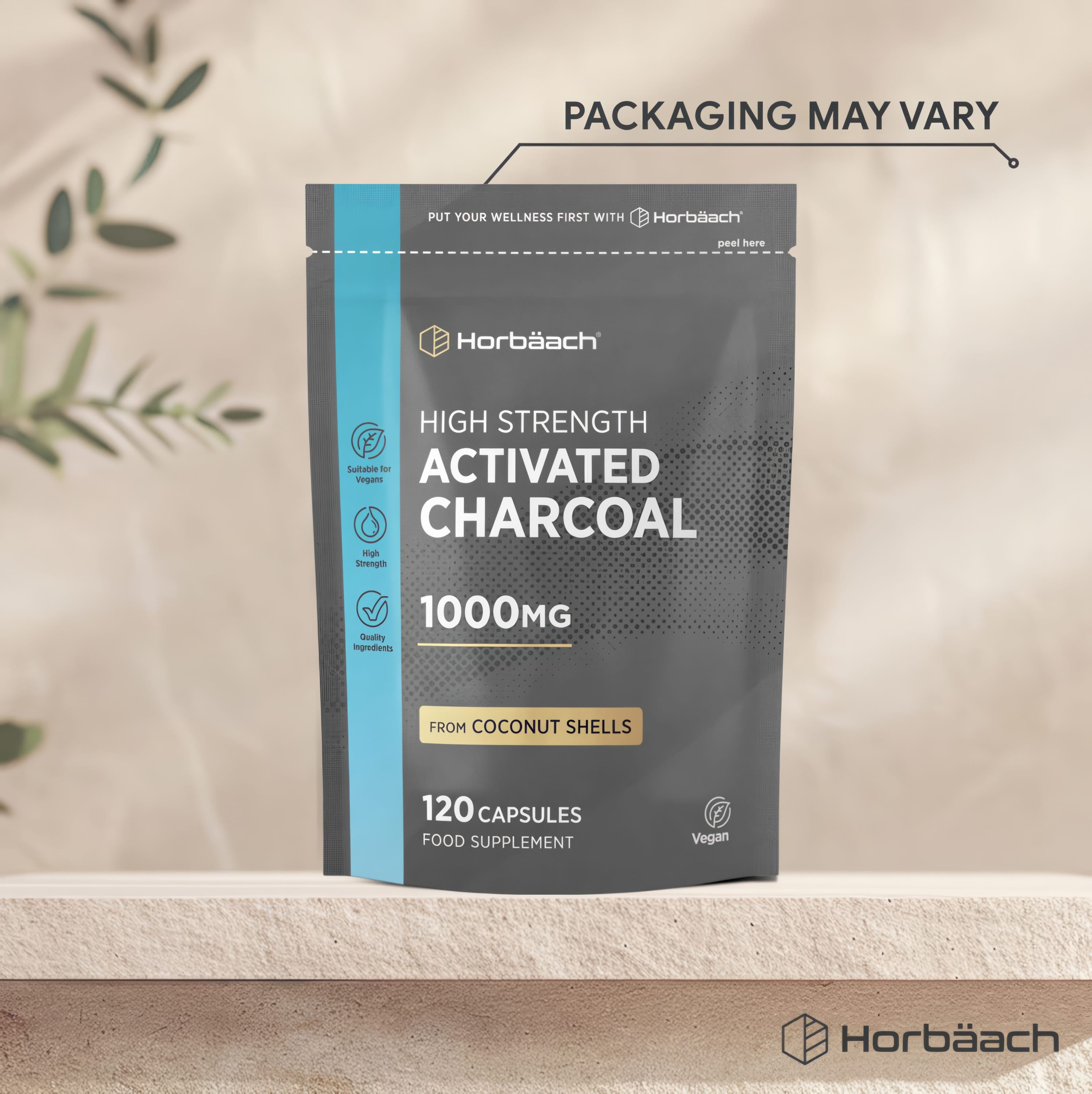 Horbäach High Strength Activated Charcoal 1000MG, 120 Capsules, from Coconut Shells, Vegan Food Supplement.