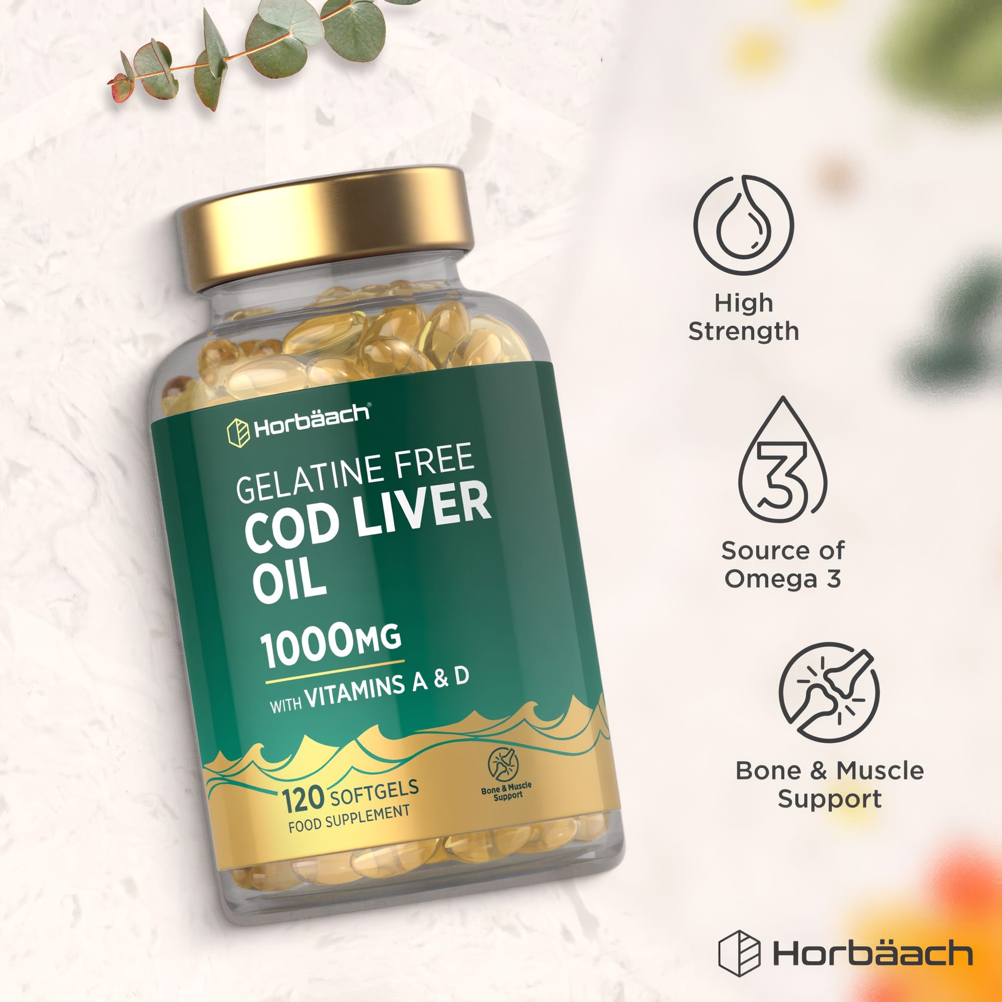 Hand holding gelatine-free cod liver oil bottle, 1000mg, 120 softgels, emphasizing supplement quantity and type.