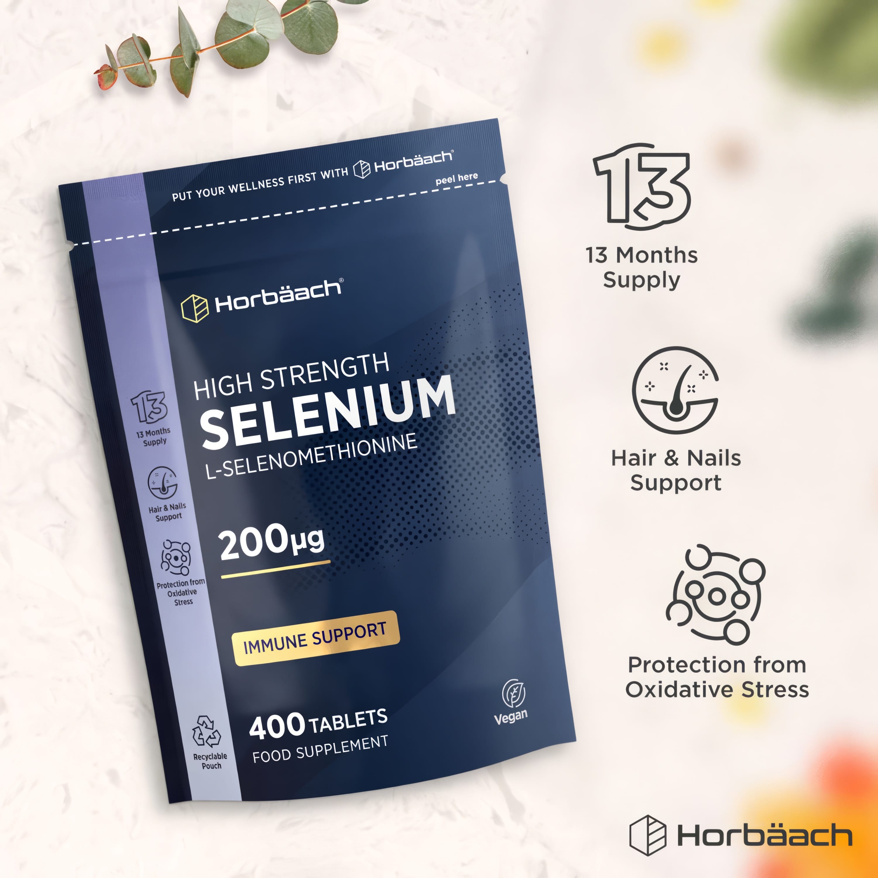 Horbäach Selenium 200µg with 400 vegan tablets. Supports immune, hair, nails, and oxidative stress. 13-month supply.