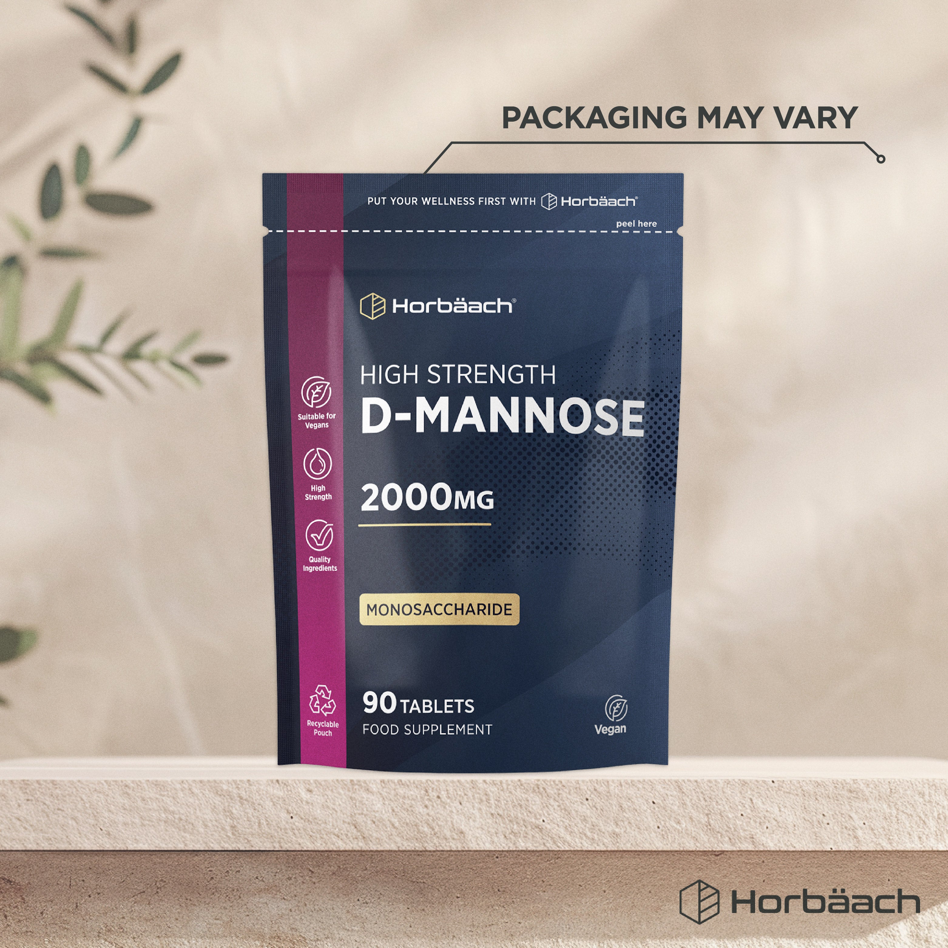 Horbäach High Strength D-Mannose 2000mg, 90 vegan tablets. Food supplement in a recyclable pouch.