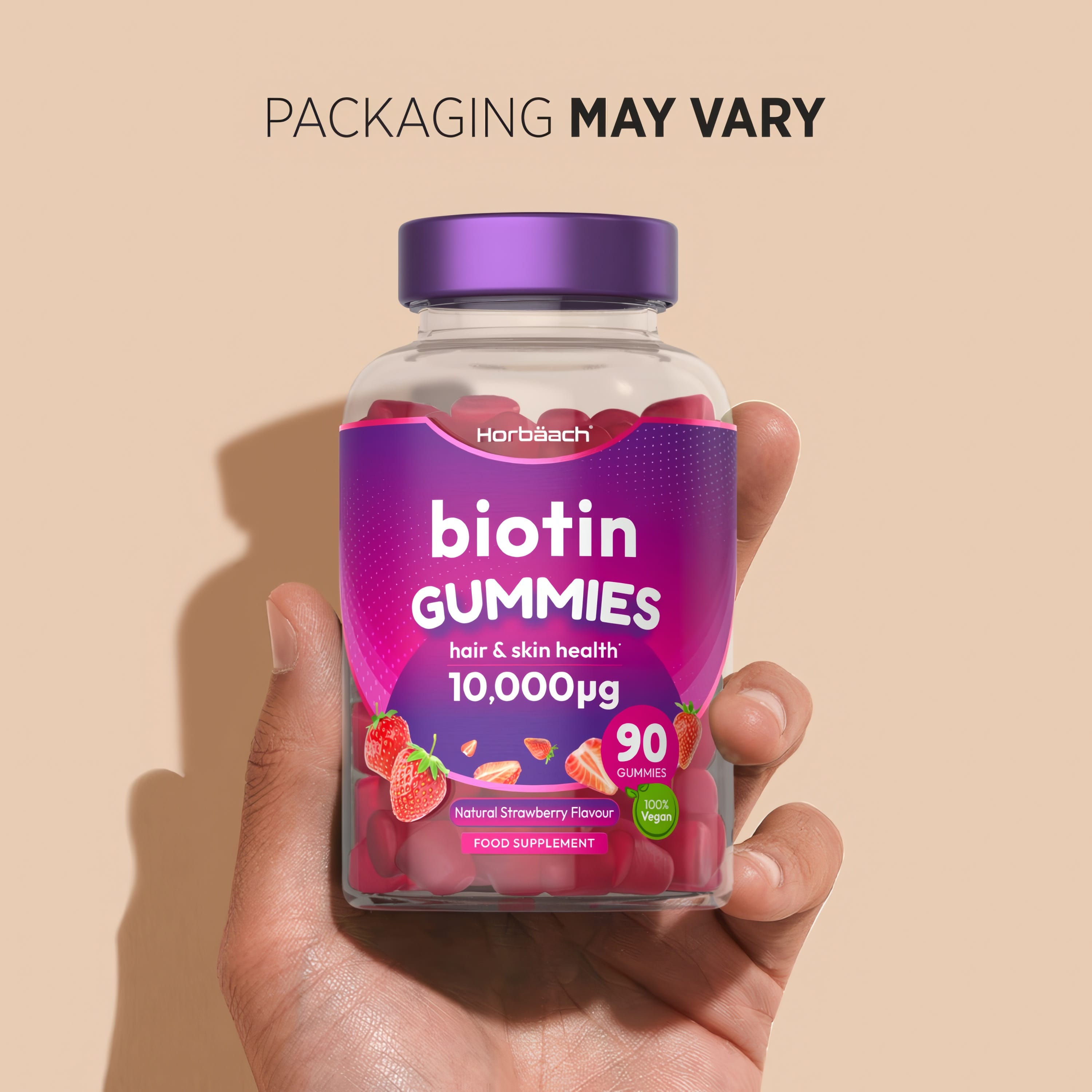 Biotin Gummies with 10,000µg for hair and skin health in Natural Strawberry Flavor, with 90 Vegan Gummies.