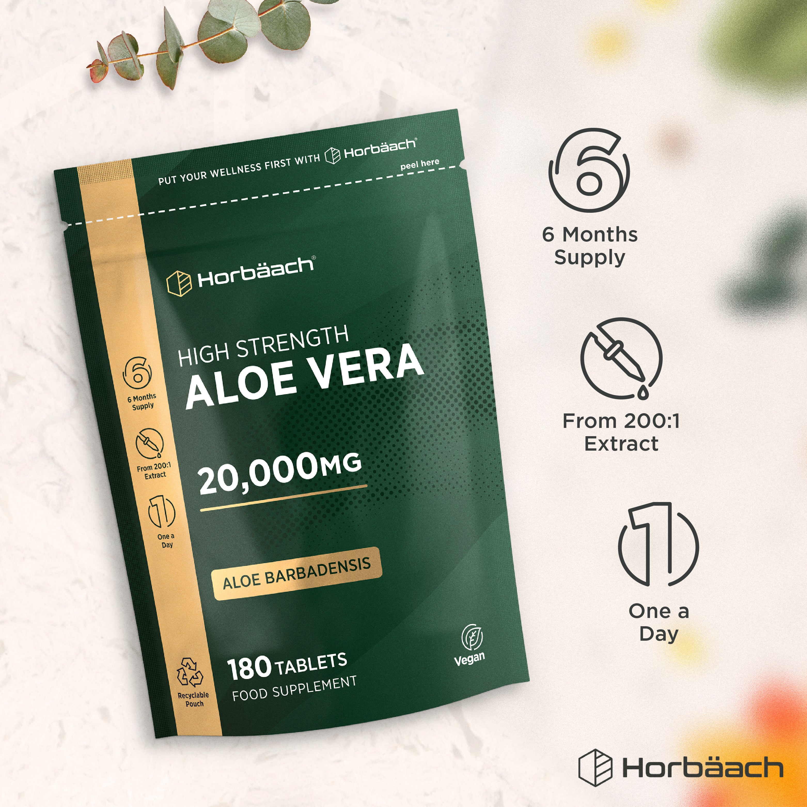 Horbäach High Strength Aloe Vera 20,000MG, 180 Tablets, Vegan Food Supplement in a Recyclable Pouch.