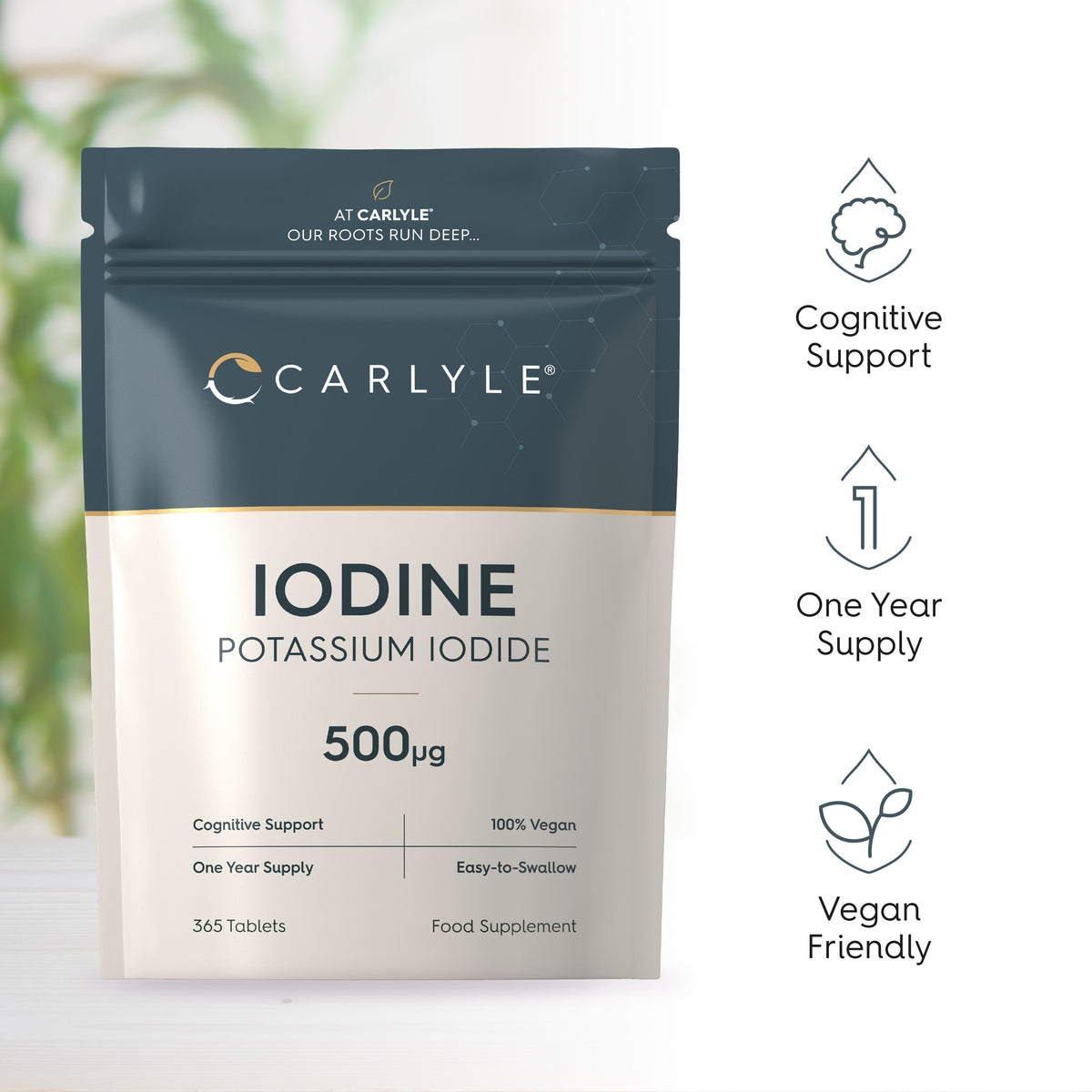 Carlyle Iodine Potassium Iodide 500µg, 365 Tablets. Supports cognition, 100% vegan, easy to swallow, one-year supply.