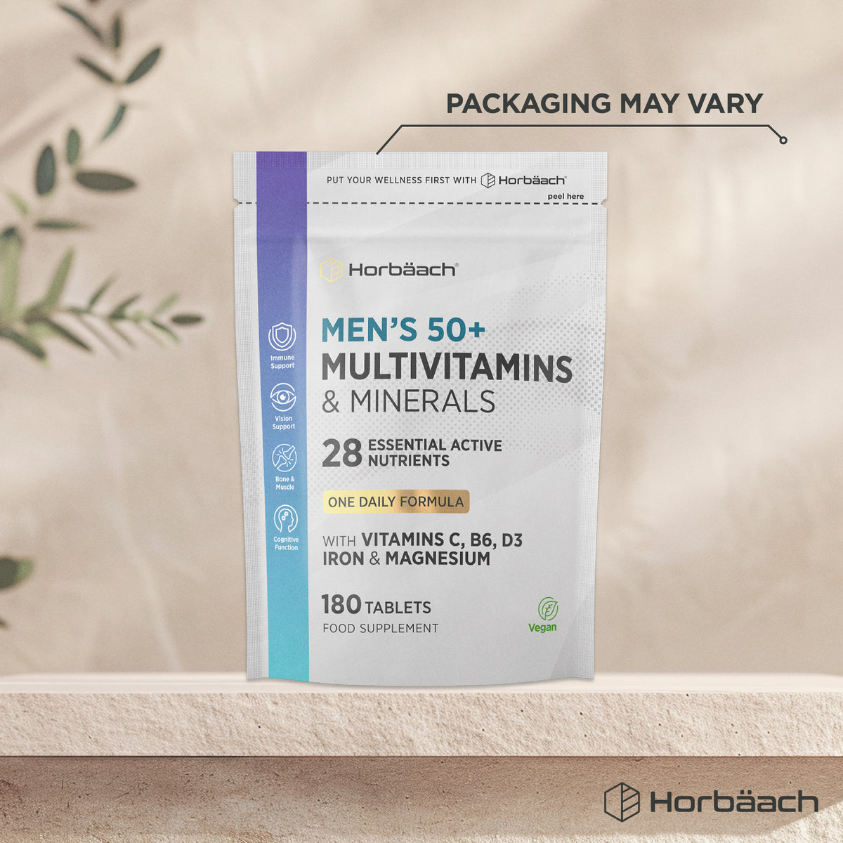 Horbäach Men's 50+ Multivitamins and Minerals, 180 Tablets, Vegan formula for supporting men's health.