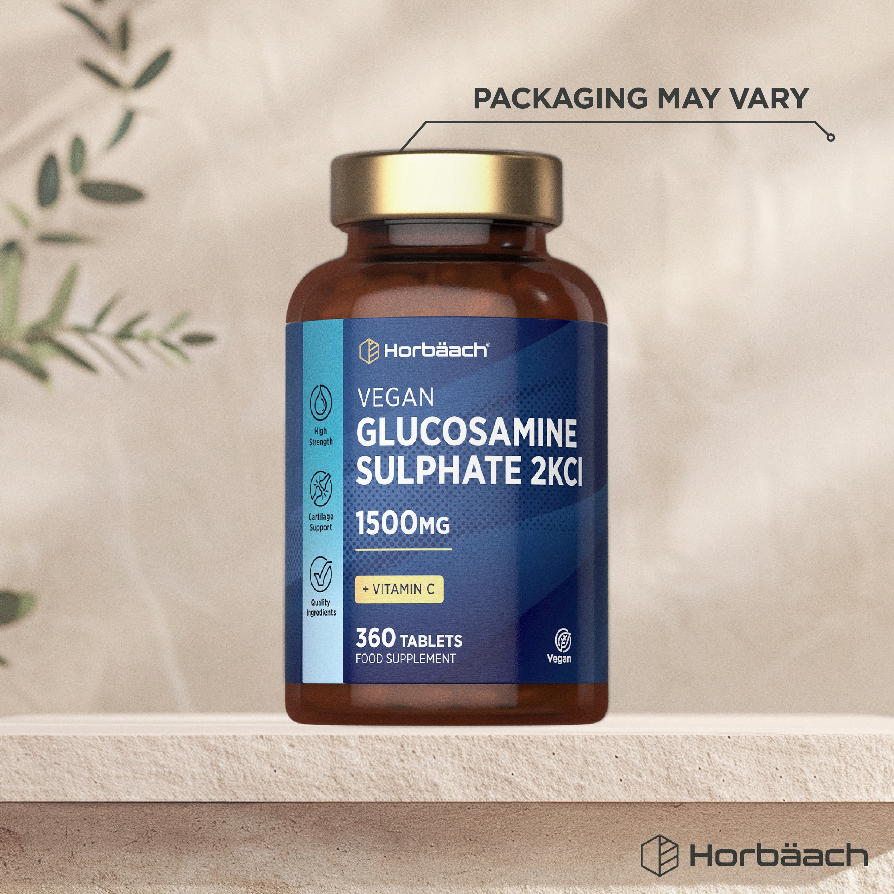 Vegan Glucosamine Sulphate 2KCl 1500mg with Vitamin C, 360 tablets as a food supplement.