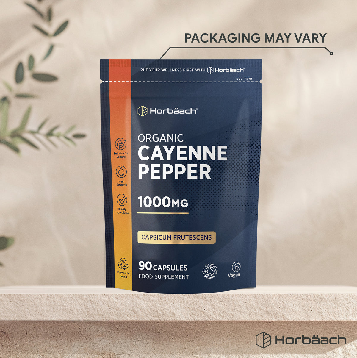 Organic Cayenne Pepper 1000mg, 90 vegan capsules, food supplement in a recyclable pouch.