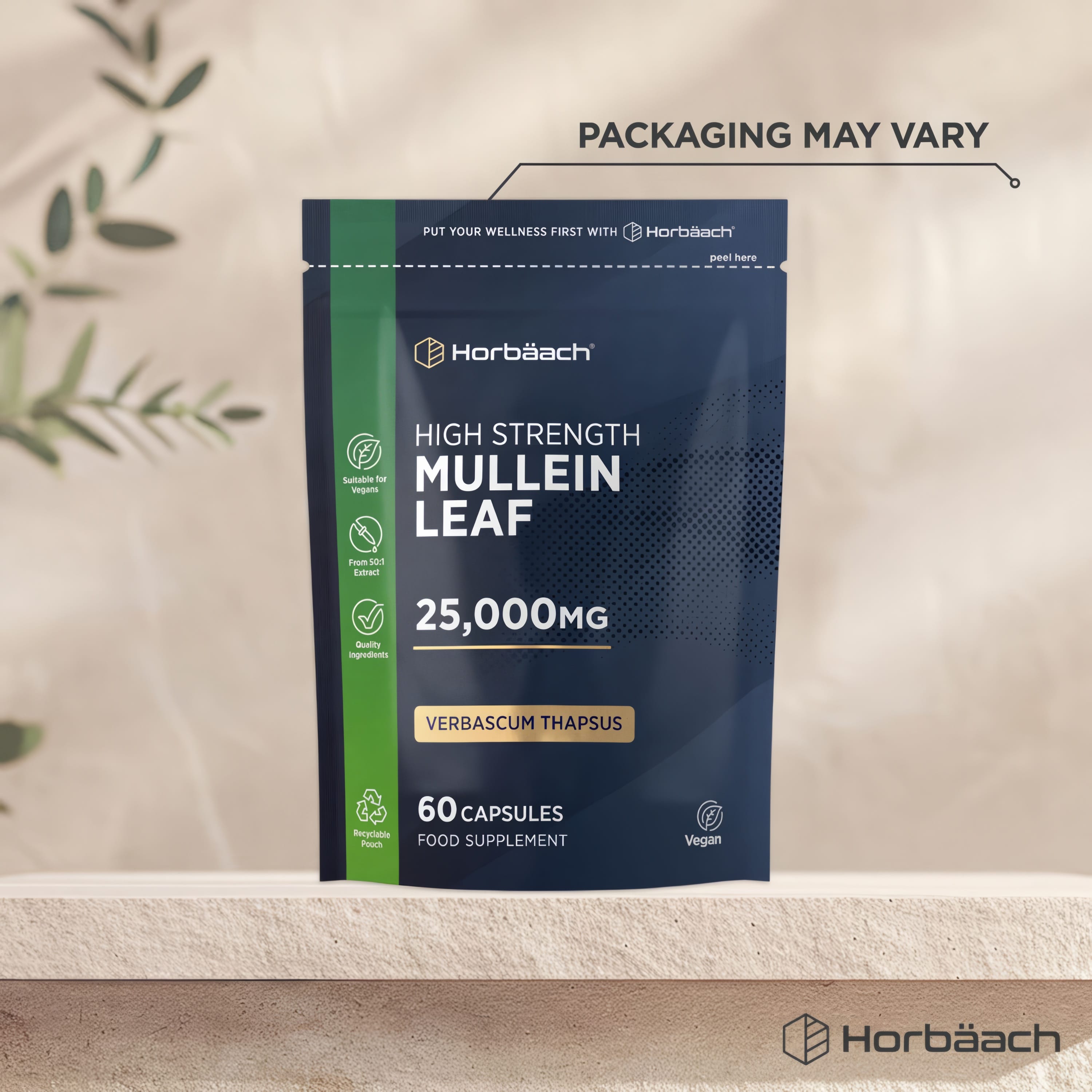 High strength Mullein Leaf 25,000mg Verbascum Thapsus with 60 vegan capsules in a food supplement recyclable pouch.