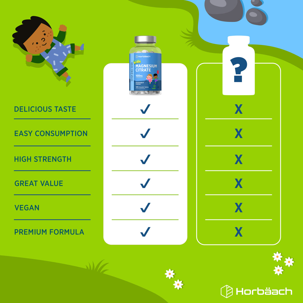 Product highlights graphic stating DELICIOUS TASTE, EASY CONSUMPTION, HIGH STRENGTH, GREAT VALUE, VEGAN, PREMIUM FORMULA.