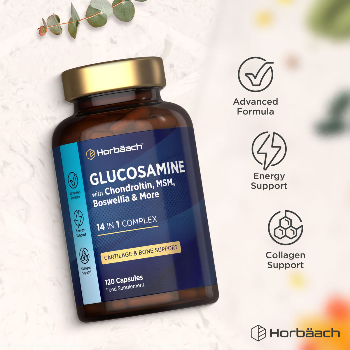 Glucosamine with Chondroitin, MSM, Boswellia & more. 120 capsules supporting cartilage, bone, energy, and collagen.