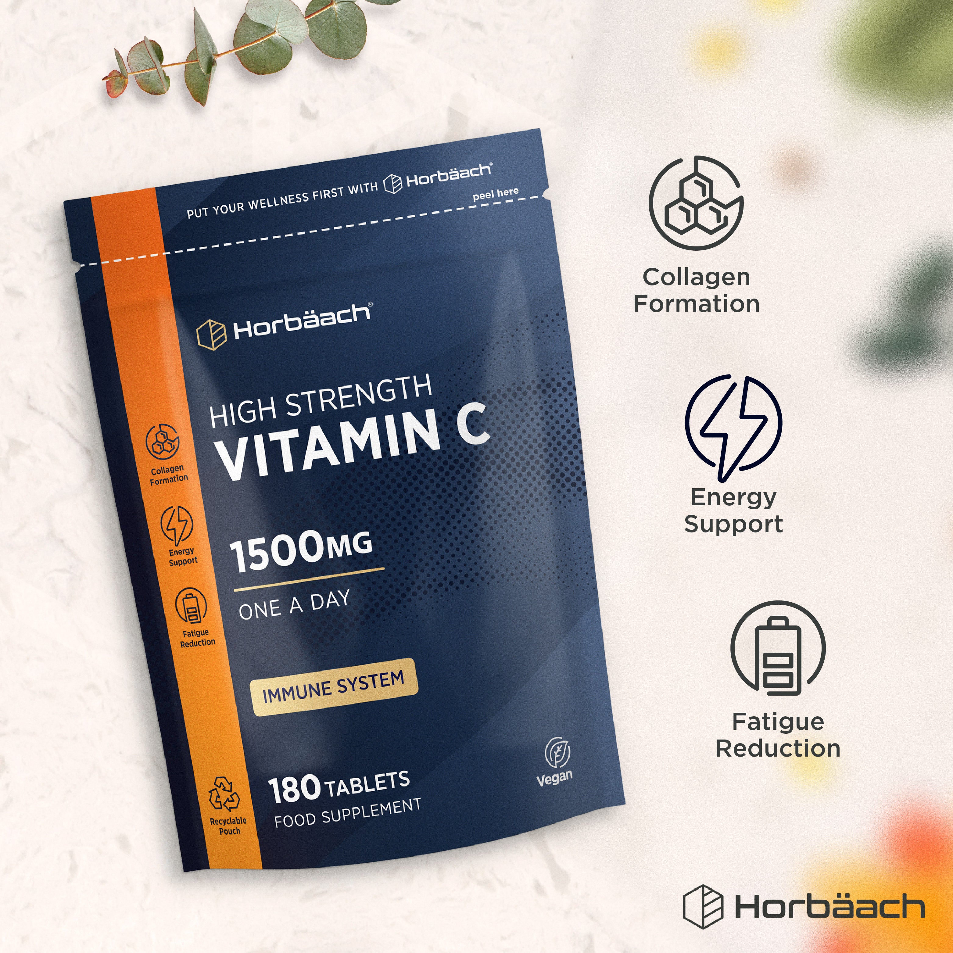 High Strength Vitamin C 1500mg, 180 Tablets for immune support, collagen production, boosting energy, reducing fatigue.