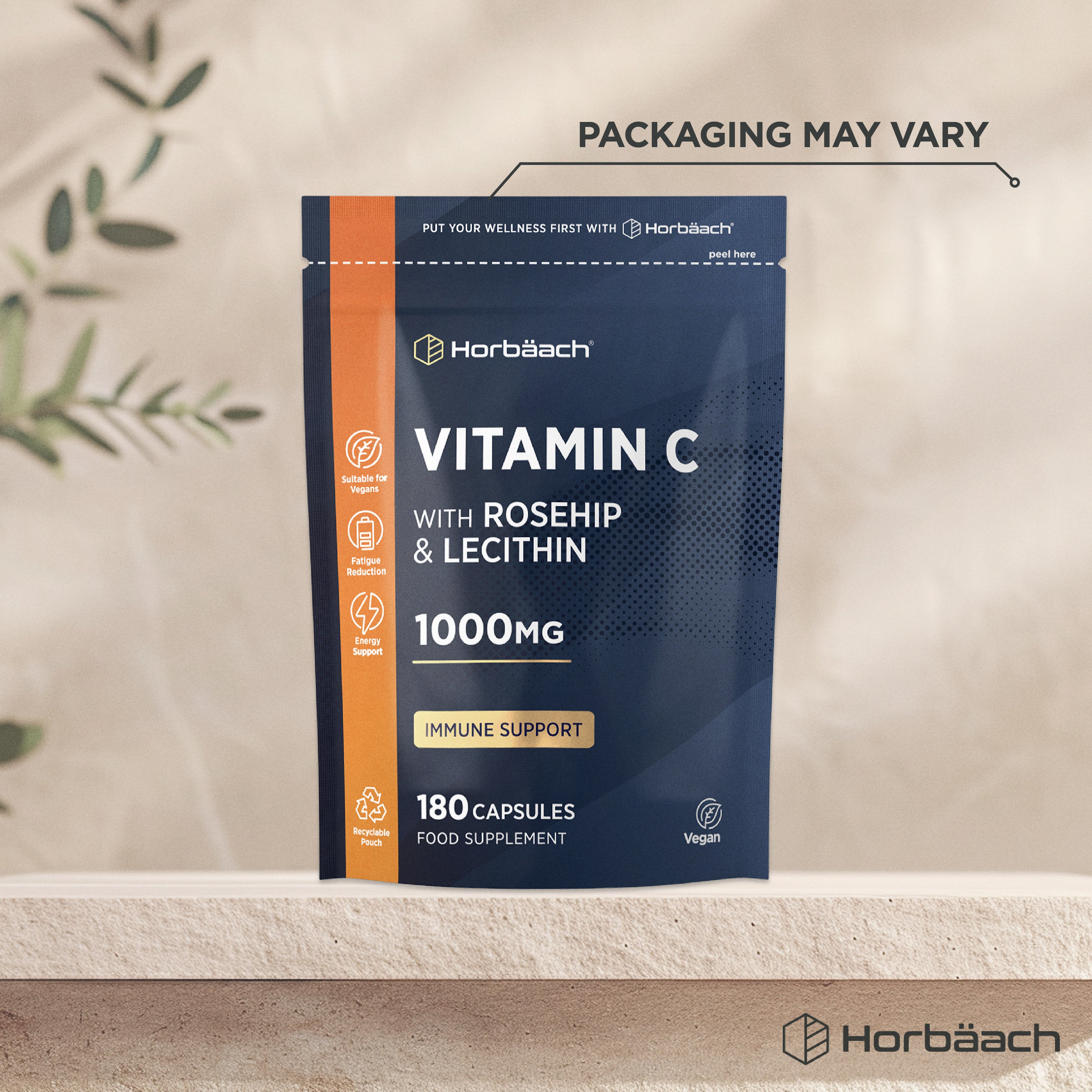 Horbäach Vitamin C 1000mg with Rosehip & Lecithin 180 Capsules, for immune support, in a stand-up pouch.