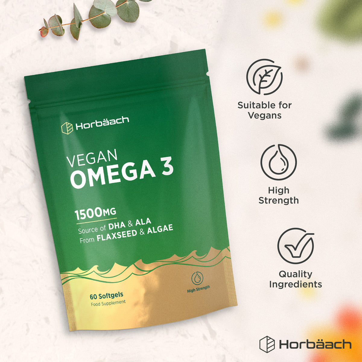 Product highlights graphic stating Suitable for Vegans, High Strength, Quality Ingredients.