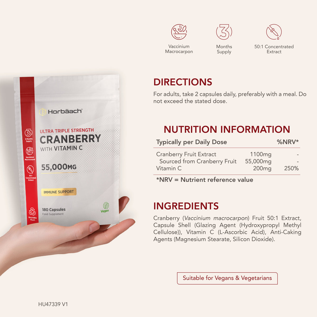 Ultra Triple Strength Cranberry with Vitamin C, 55,000MG, 180 Capsules. Vegan, Immune Support, 3-Month Supply, 50:1 Extract.
