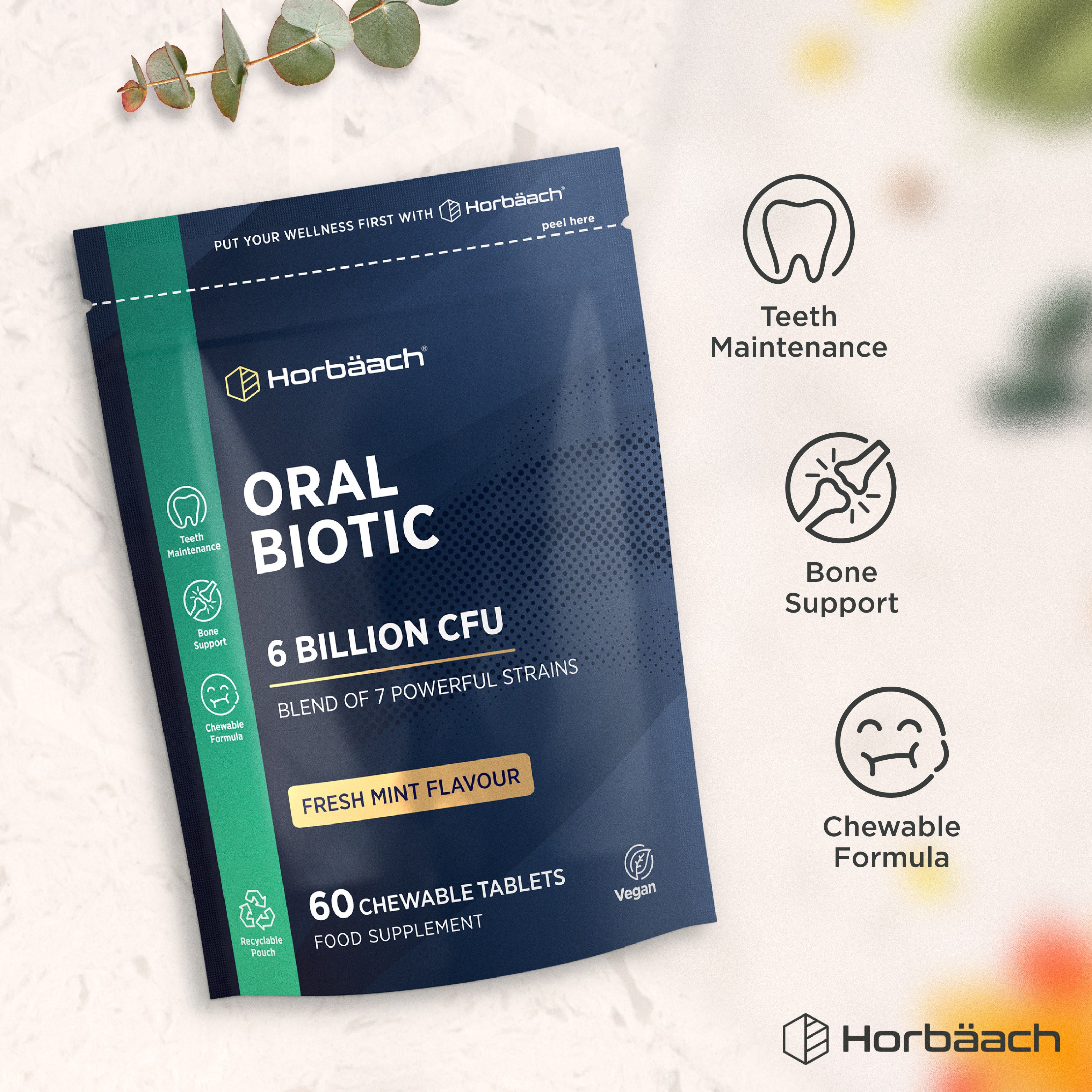 Horbäach Oral Biotic tablets, 6 billion CFU, vegan and mint flavored in a recyclable pouch. Contains 60 tablets.
