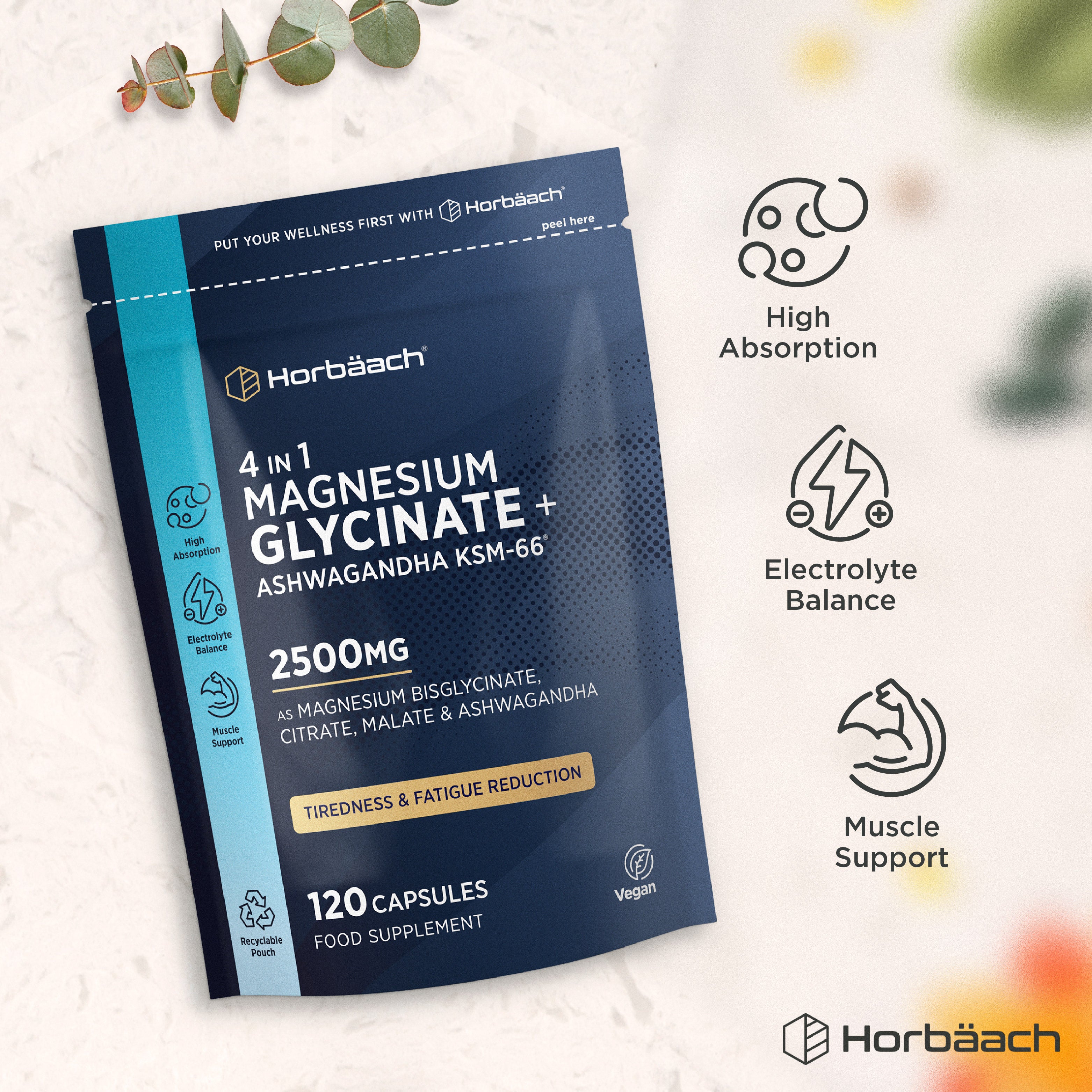 4 in 1 Magnesium Glycinate and Ashwagandha KSM-66, 2500mg, 120 Capsules Food Supplement pouch.