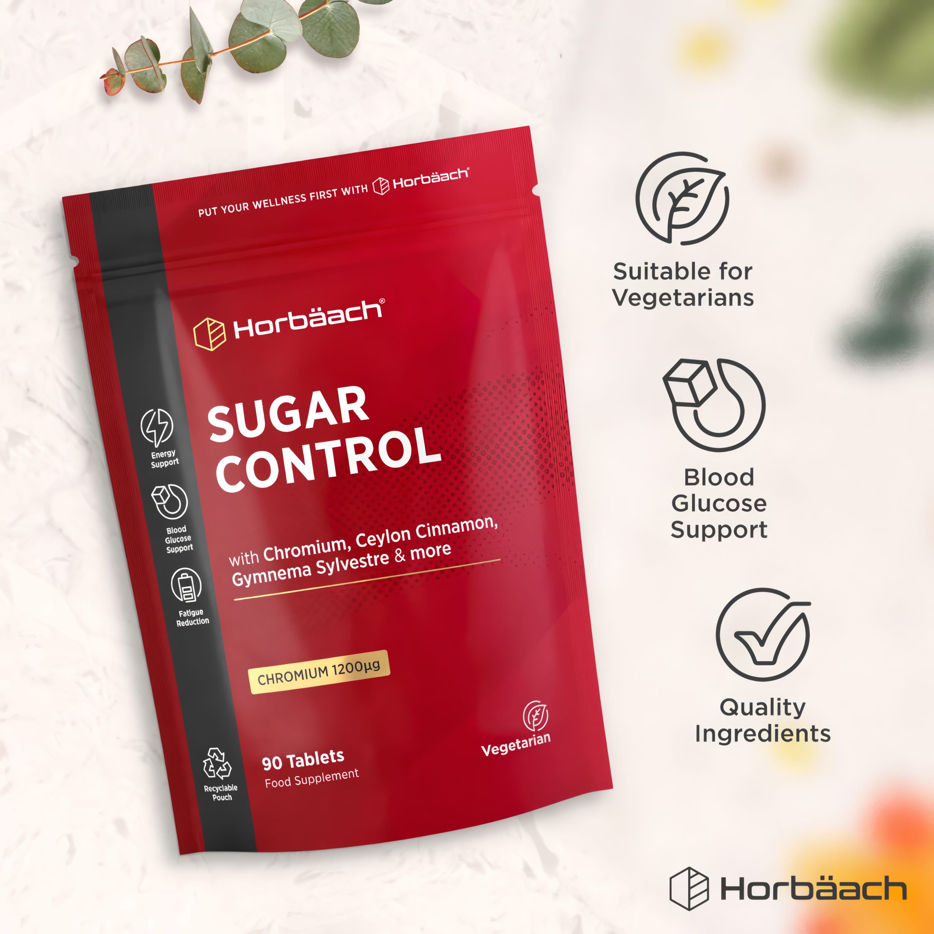 Horbaach Sugar Control supplement pouch with Chromium 1200µg, Ceylon Cinnamon, and Gymnema Sylvestre, includes 90 tablets.