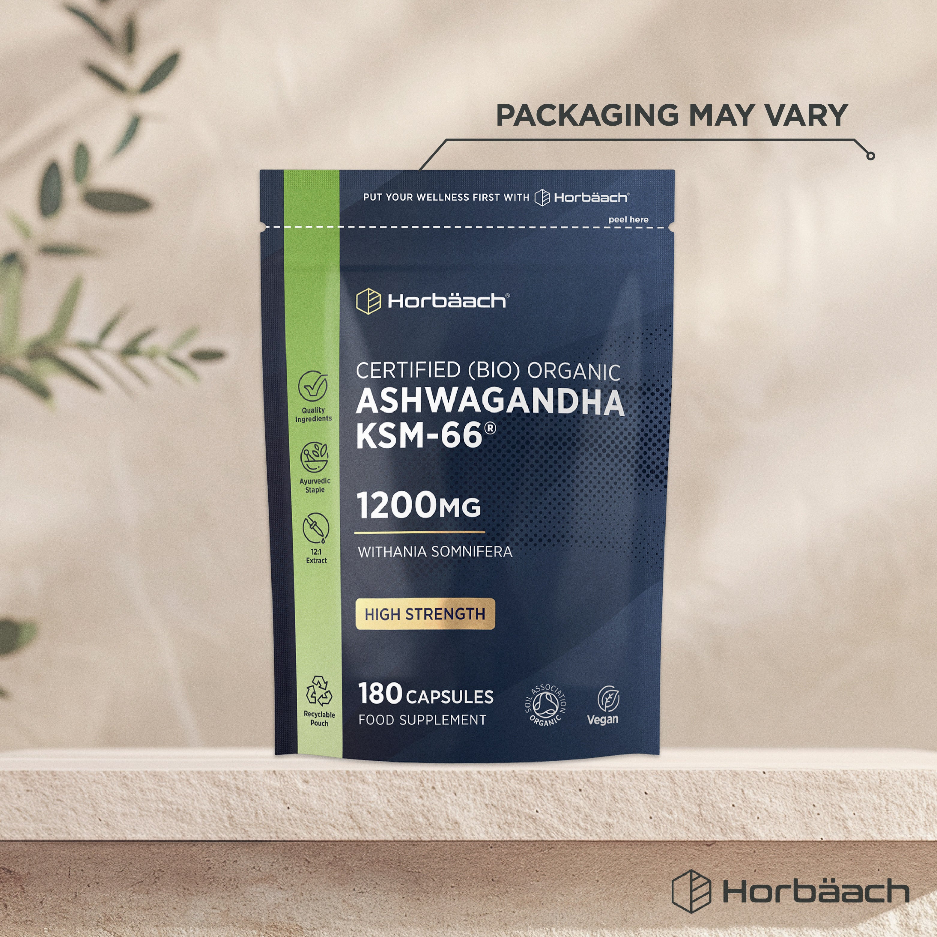KSM-66® Organic Ashwagandha 1200MG, 180 Vegan Capsules, contained in a dark blue and green pouch.
